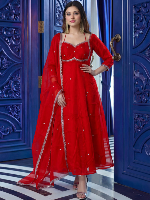 Lovely Red Embroidered Silk Wedding Wear Anarkali Gown With Dupatta