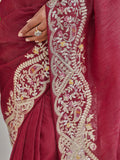 Wonderful Red Thread Border Work Organza Traditional Saree With Blouse