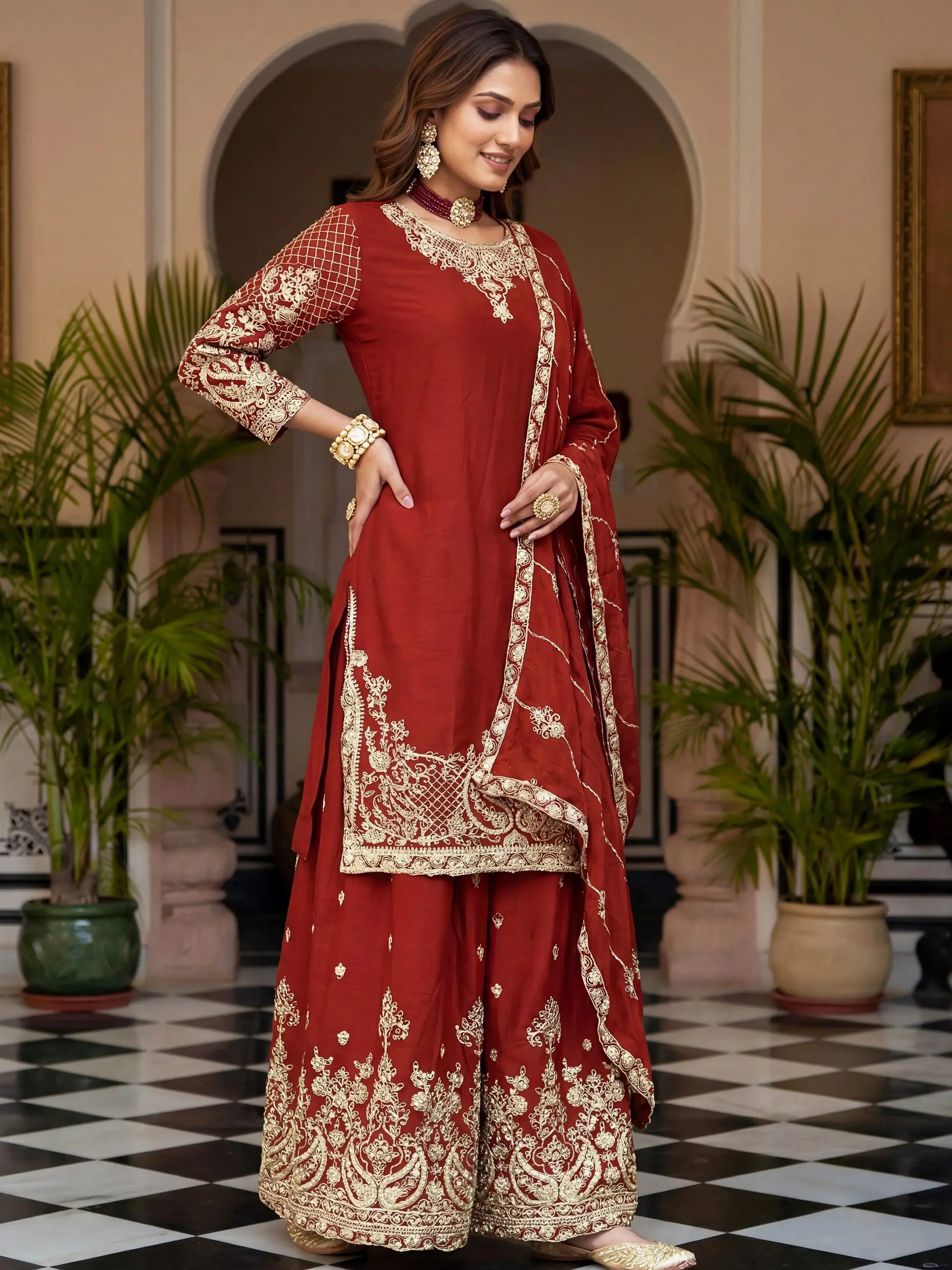 Fantastic Red Sequins Chinon Marriage Wear Palazzo Suit With Dupatta