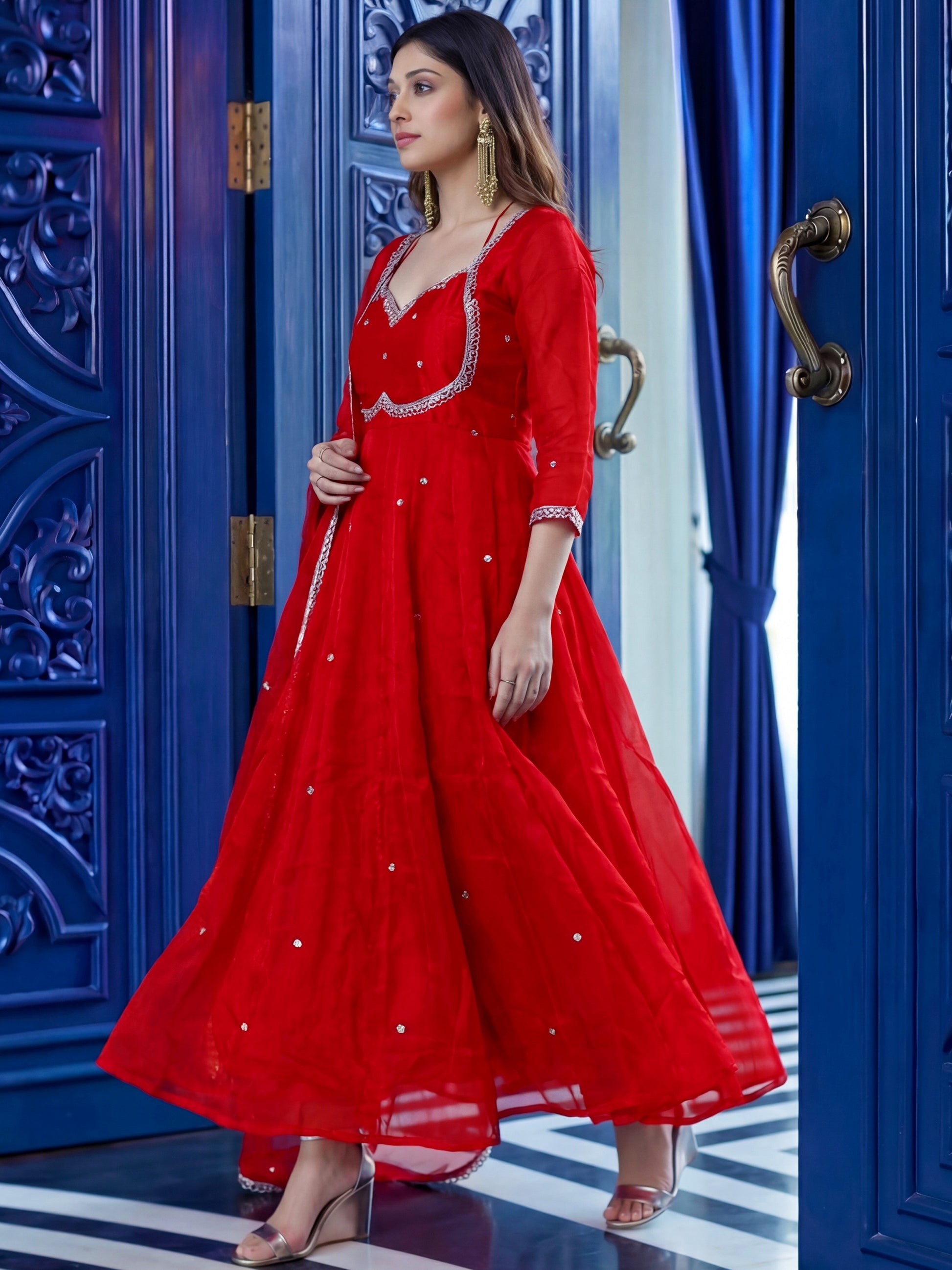 Lovely Red Embroidered Silk Wedding Wear Anarkali Gown With Dupatta