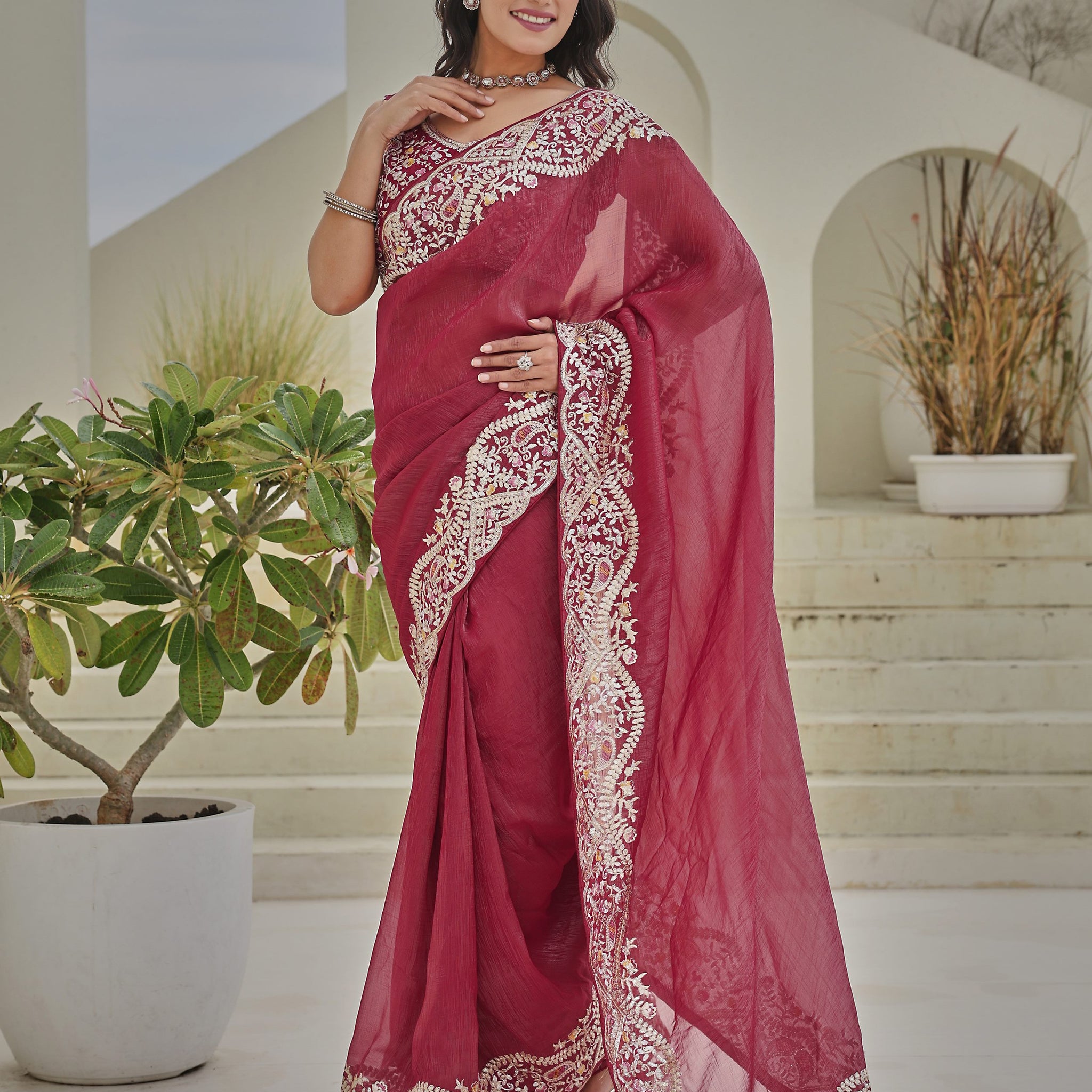 Wonderful Red Thread Border Work Organza Traditional Saree With Blouse