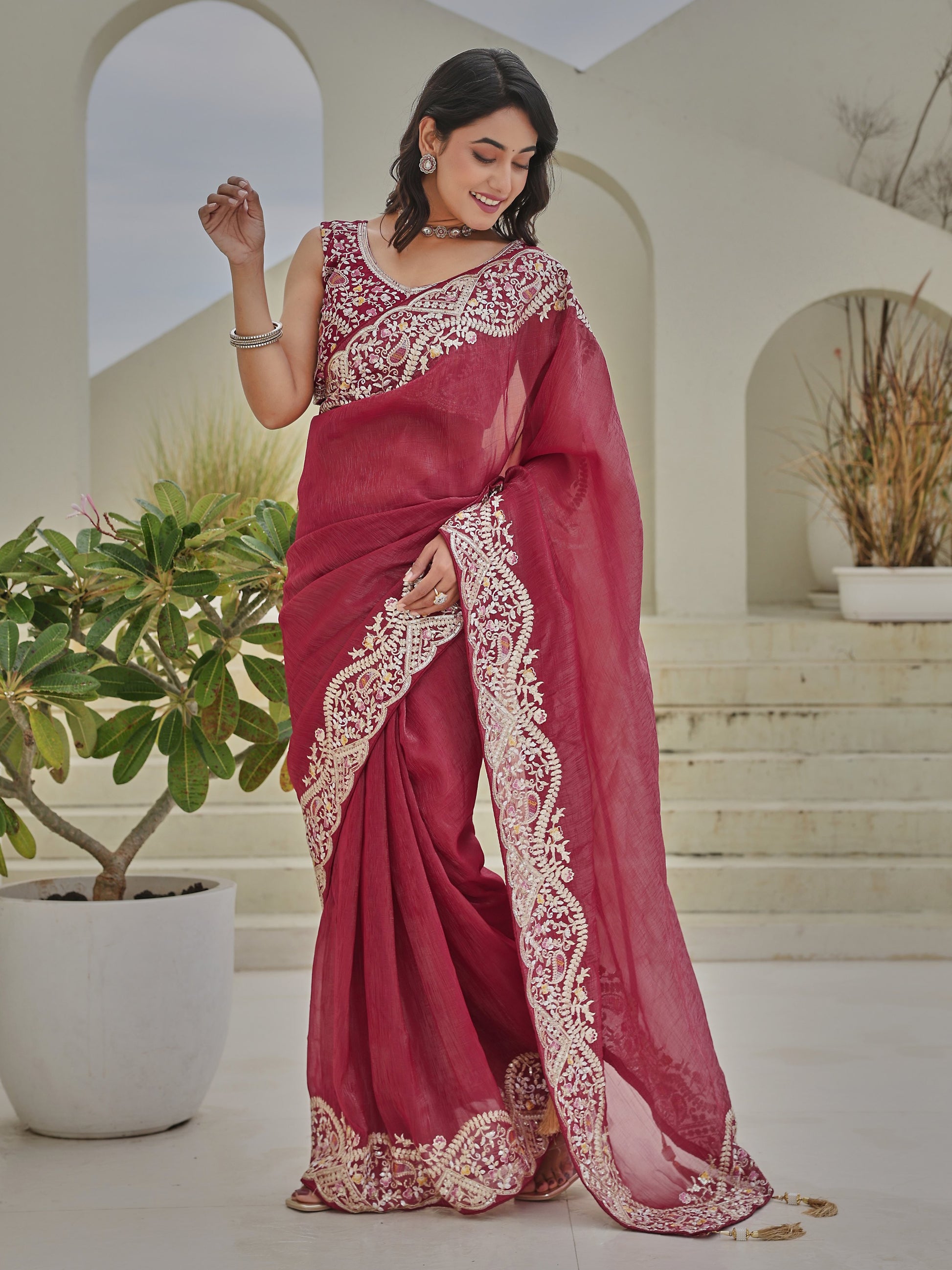 Wonderful Red Thread Border Work Organza Traditional Saree With Blouse