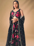 Refreshing Black Floral Printed Chinon Party Wear Lehenga With Blouse