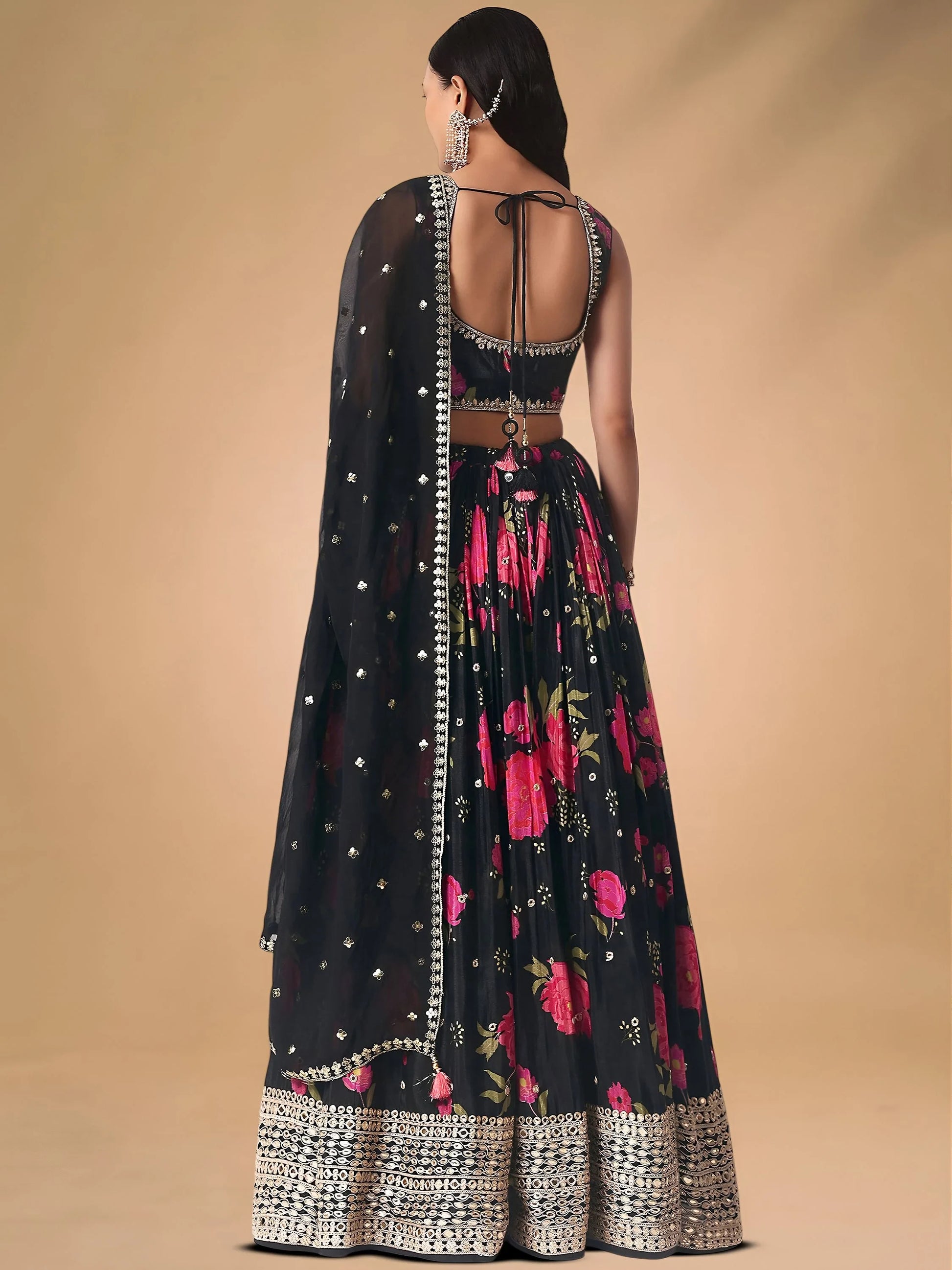 Refreshing Black Floral Printed Chinon Party Wear Lehenga With Blouse