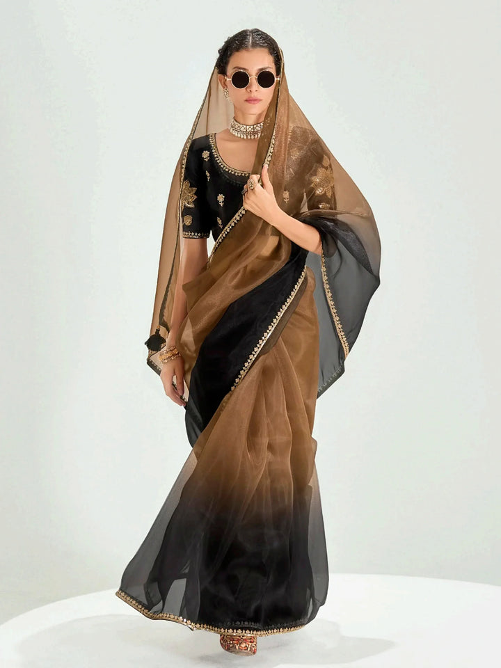 Refreshing Brown Border Work Organza Evening Wear Saree With Blouse - Zeel Clothing