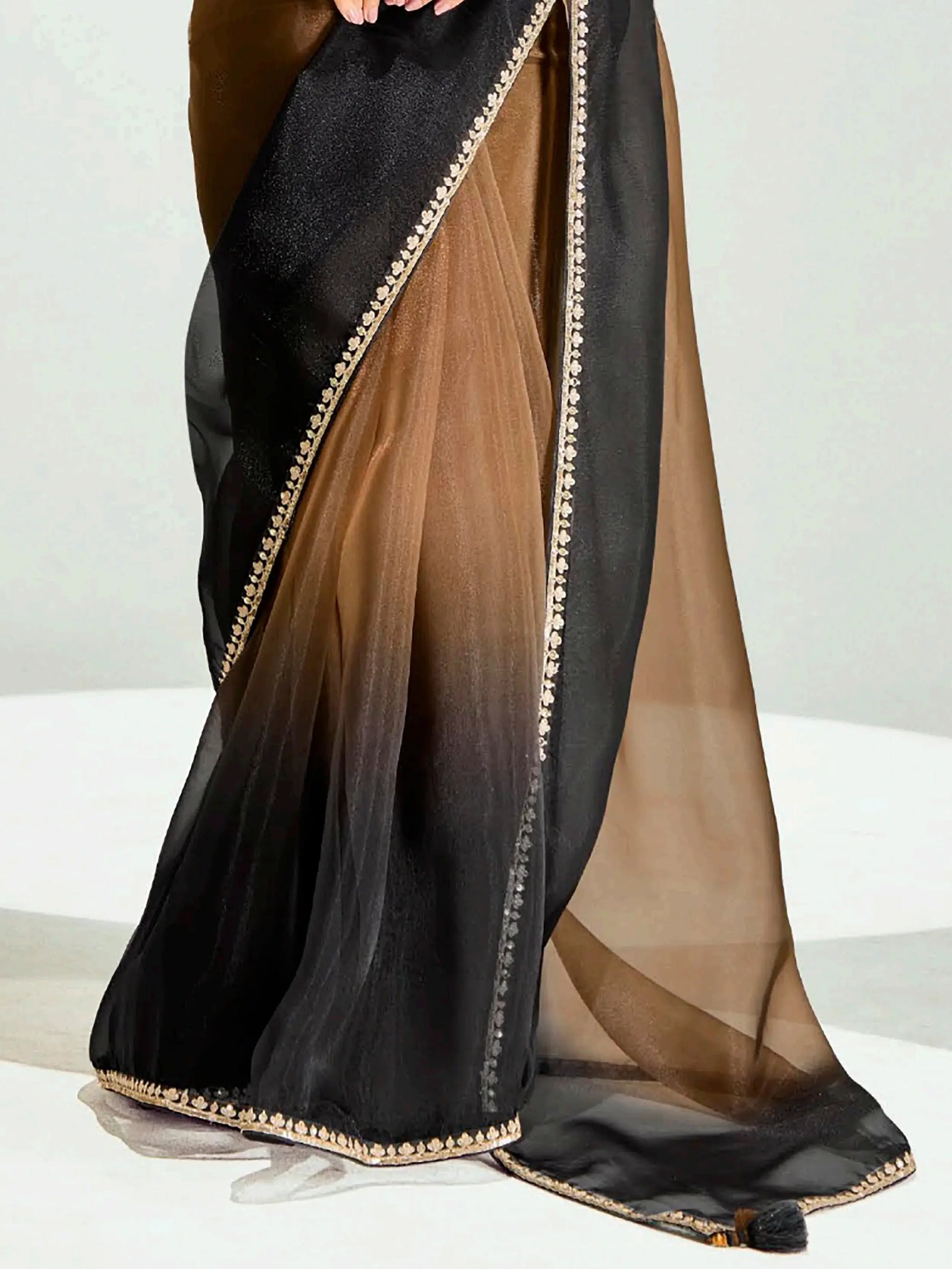 Refreshing Brown Border Work Organza Evening Wear Saree With Blouse - Zeel Clothing