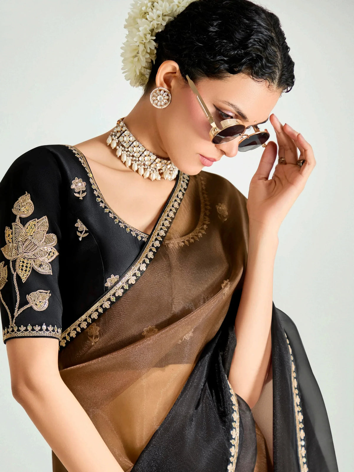 Refreshing Brown Border Work Organza Evening Wear Saree With Blouse - Zeel Clothing