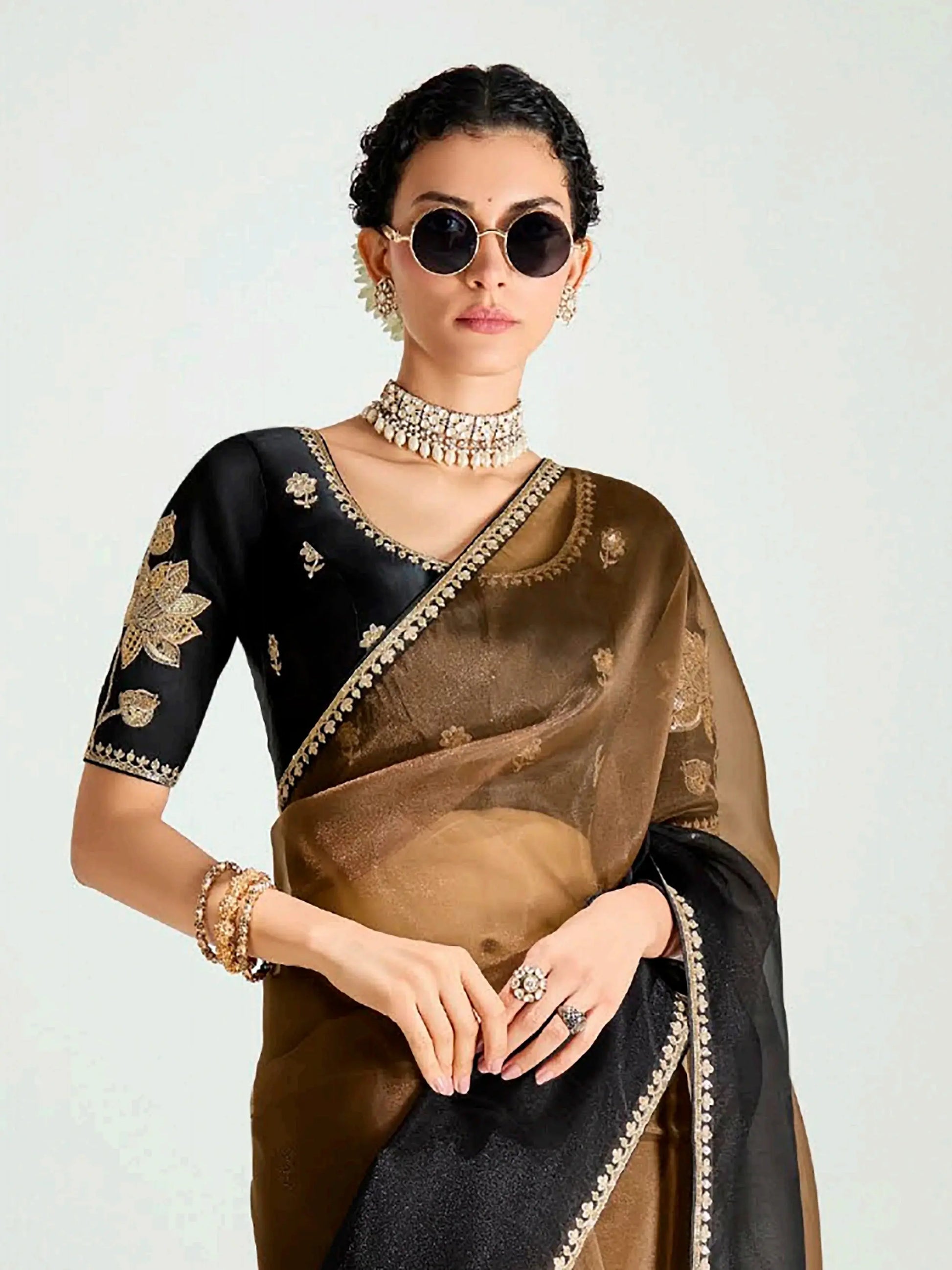 Refreshing Brown Border Work Organza Evening Wear Saree With Blouse - Zeel Clothing