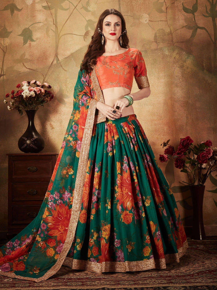 Refreshing Dark Green Floral Print Organza Silk Wedding Lehenga Choli With Orange Blouse