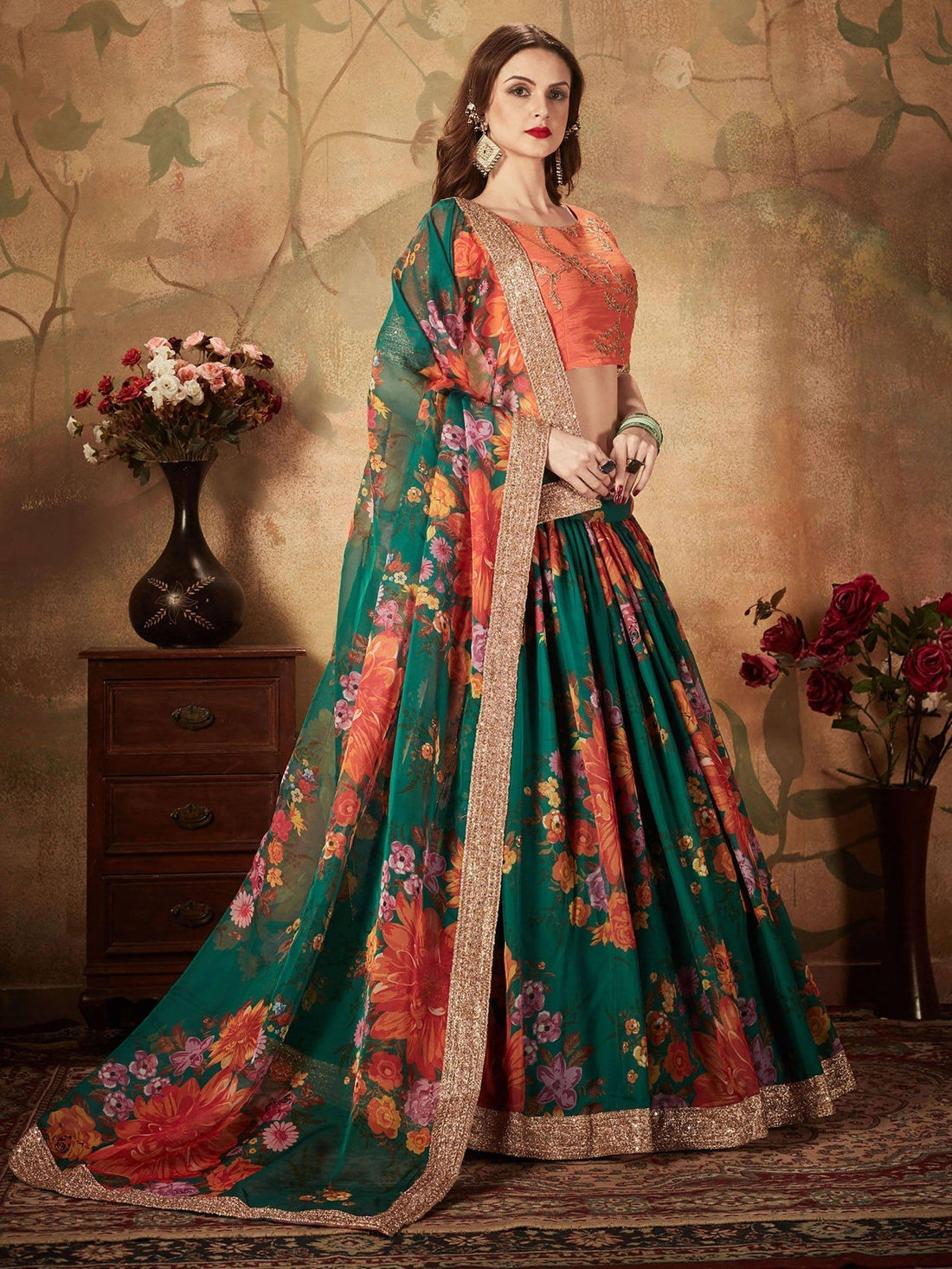 Refreshing Dark Green Floral Print Organza Silk Wedding Lehenga Choli With Orange Blouse
