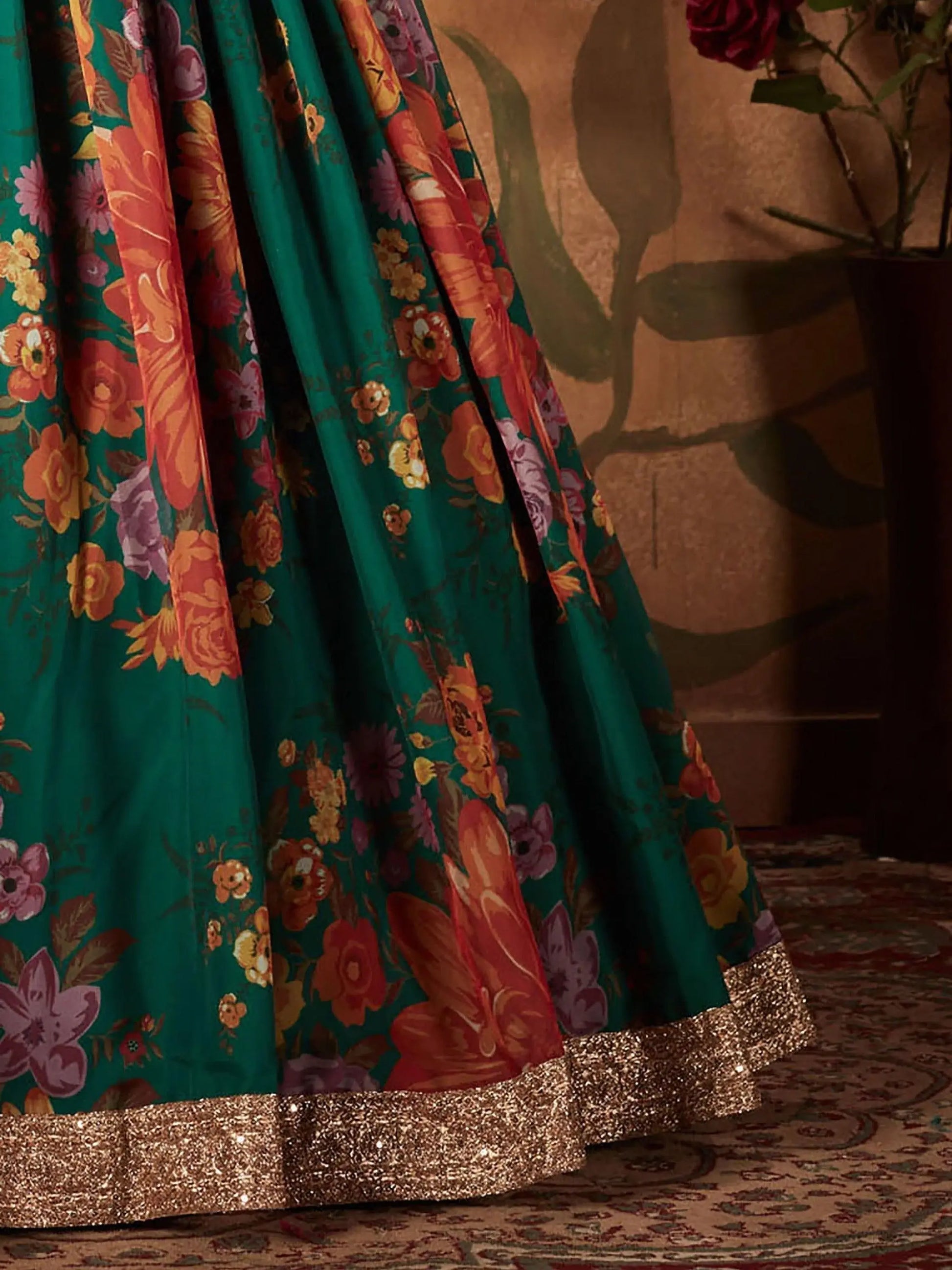 Refreshing Dark Green Floral Print Organza Silk Wedding Lehenga Choli With Orange Blouse - Zeel Clothing