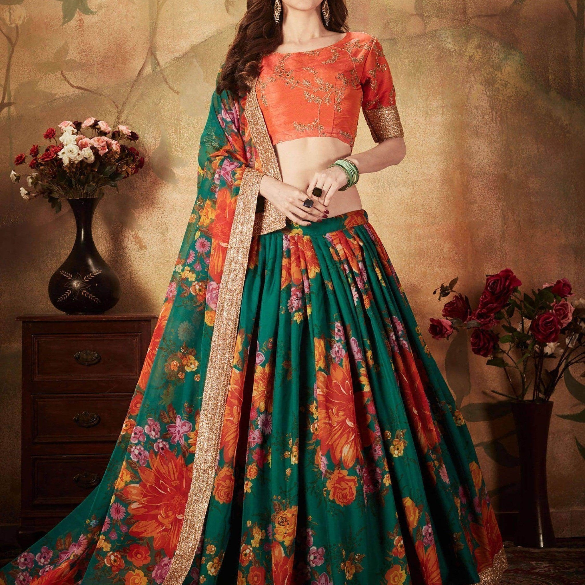 Refreshing Dark Green Floral Print Organza Silk Wedding Lehenga Choli With Orange Blouse - Zeel Clothing