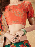 Refreshing Dark Green Floral Print Organza Silk Wedding Lehenga Choli With Orange Blouse - Zeel Clothing