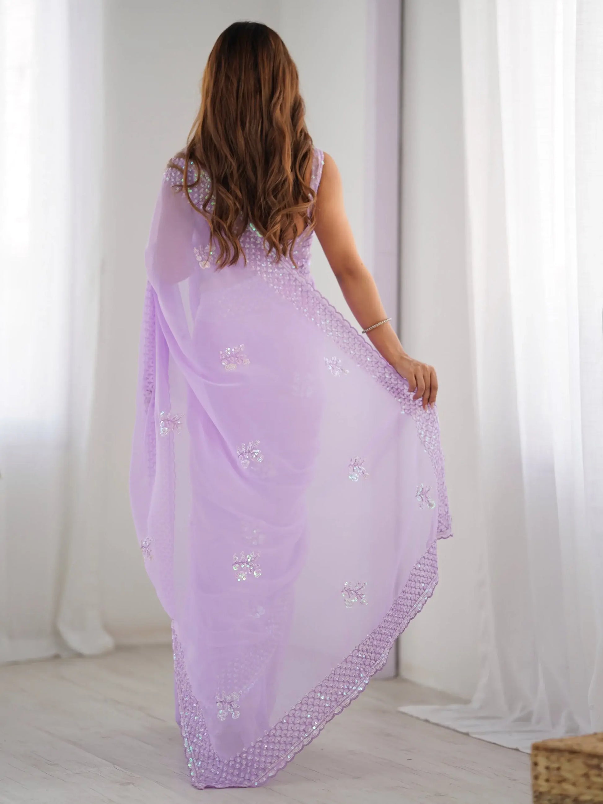 Refreshing Lavender Thread Work Georgette Event Wear Saree With Blouse - Zeel Clothing