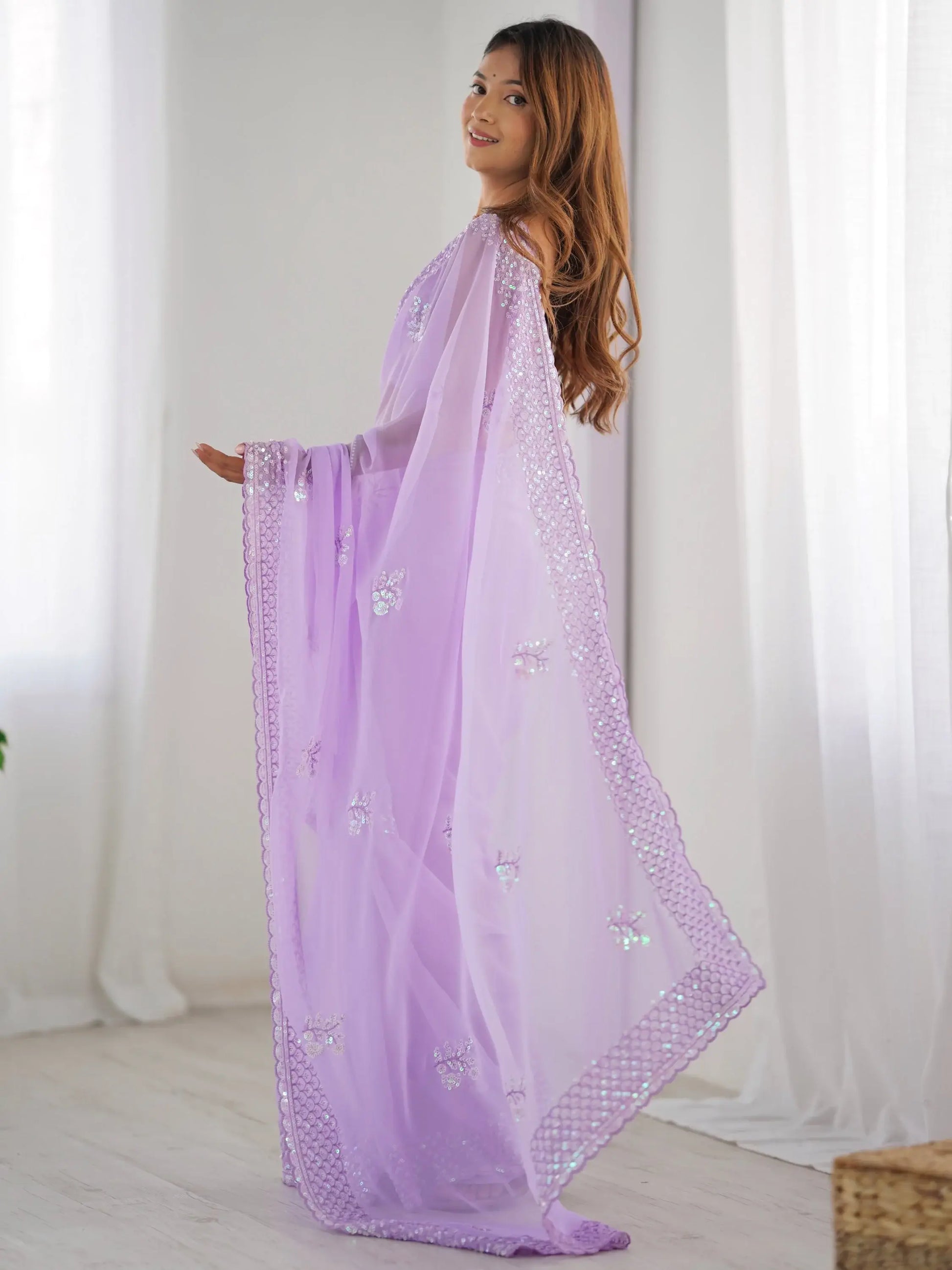 Refreshing Lavender Thread Work Georgette Event Wear Saree With Blouse - Zeel Clothing
