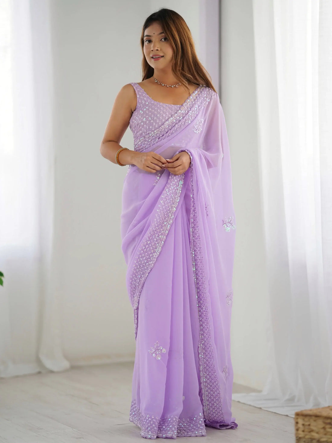 Refreshing Lavender Thread Work Georgette Event Wear Saree With Blouse - Zeel Clothing