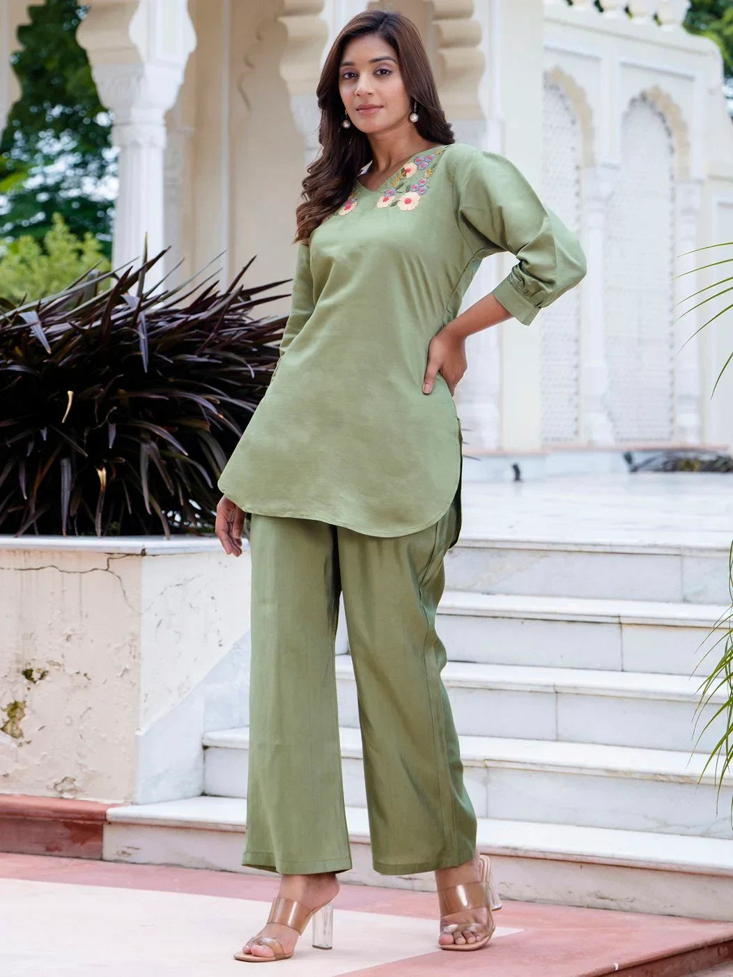Refreshing Pista Green Hand Work Silk Office Wear Top Pant Co-Ord Set - Zeel Clothing