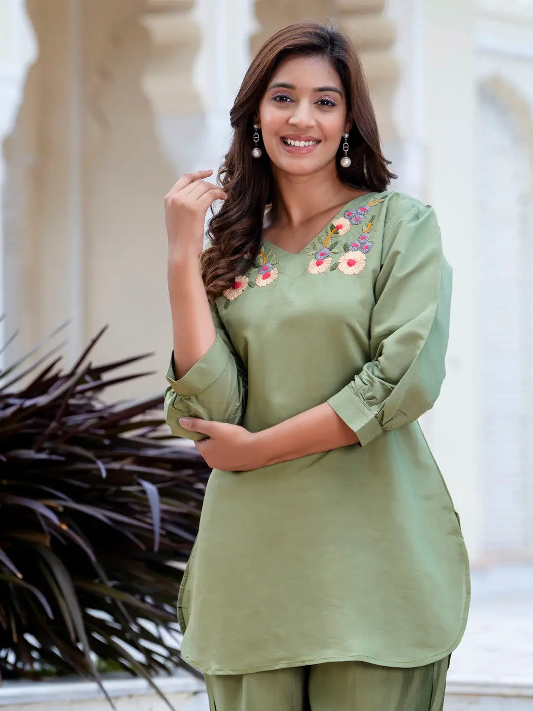 Refreshing Pista Green Hand Work Silk Office Wear Top Pant Co-Ord Set - Zeel Clothing