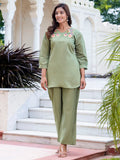 Refreshing Pista Green Hand Work Silk Office Wear Top Pant Co-Ord Set - Zeel Clothing