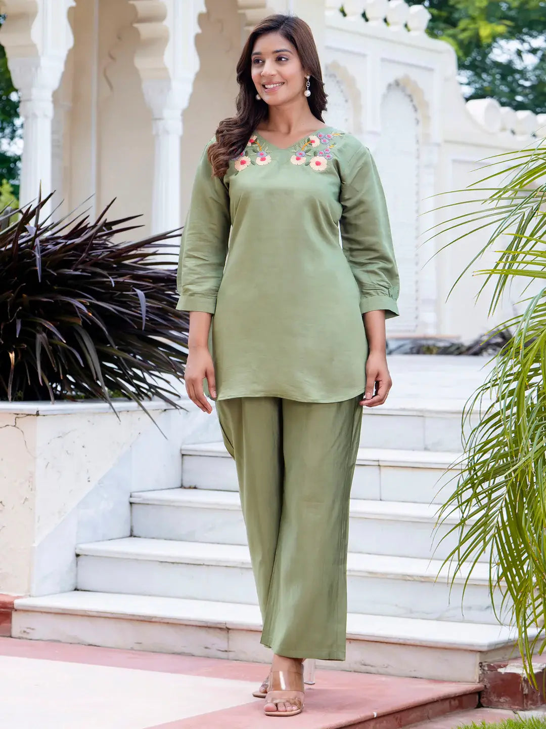 Refreshing Pista Green Hand Work Silk Office Wear Top Pant Co-Ord Set - Zeel Clothing