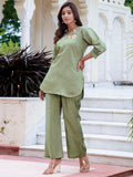 Refreshing Pista Green Hand Work Silk Office Wear Top Pant Co-Ord Set - Zeel Clothing