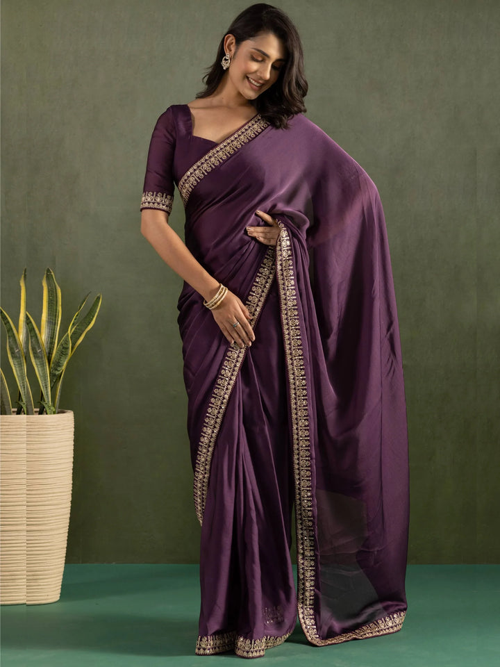 Refreshing Purple Border Work Chiffon Festive Wear Pre-Stitched Saree - Zeel Clothing