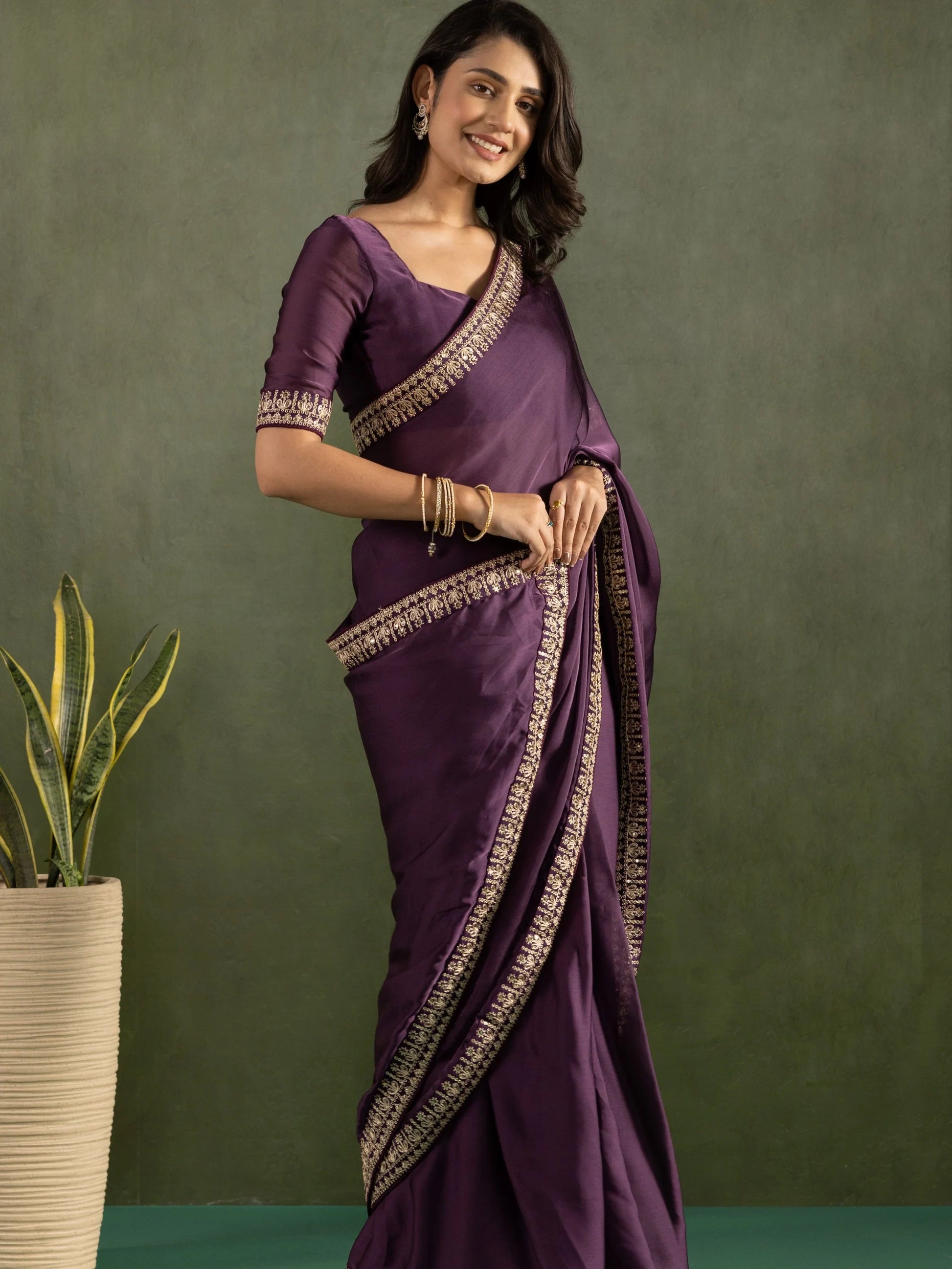 Refreshing Purple Border Work Chiffon Festive Wear Pre-Stitched Saree - Zeel Clothing