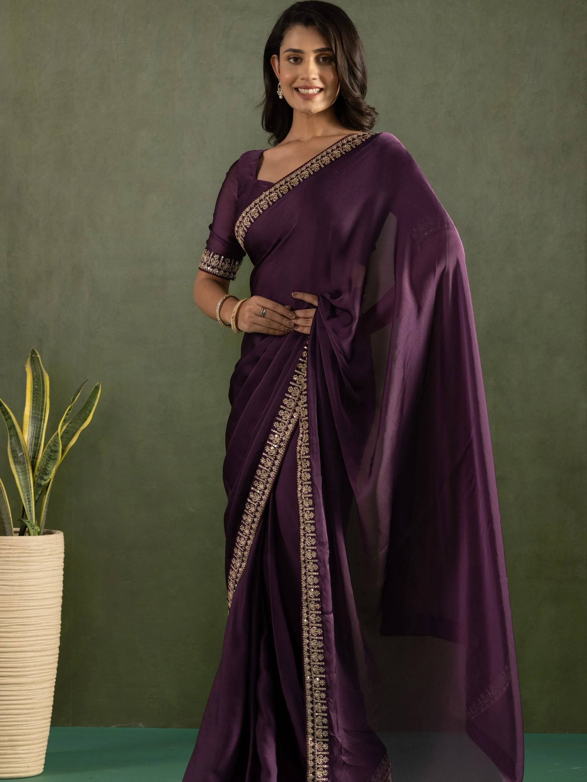 Refreshing Purple Border Work Chiffon Festive Wear Pre-Stitched Saree - Zeel Clothing