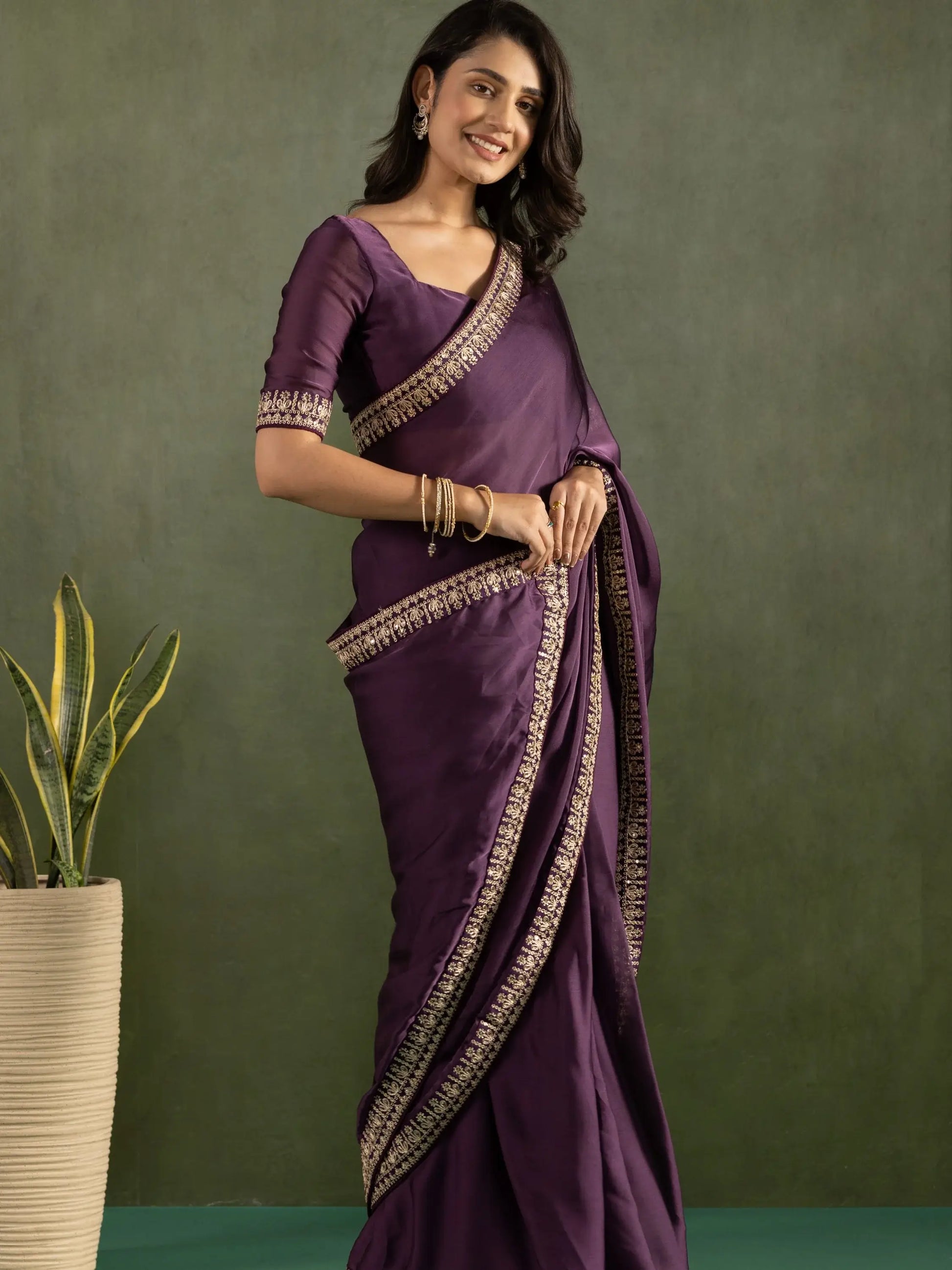 Refreshing Purple Border Work Chiffon Festive Wear Pre-Stitched Saree - Zeel Clothing