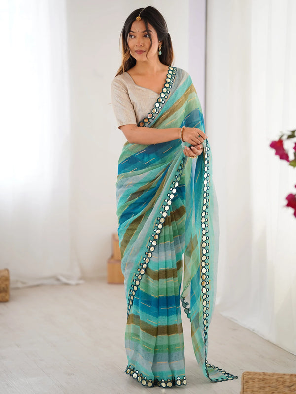 Refreshing Teal Blue Leheriya Printed Chiffon Festive Wear Saree - Zeel Clothing
