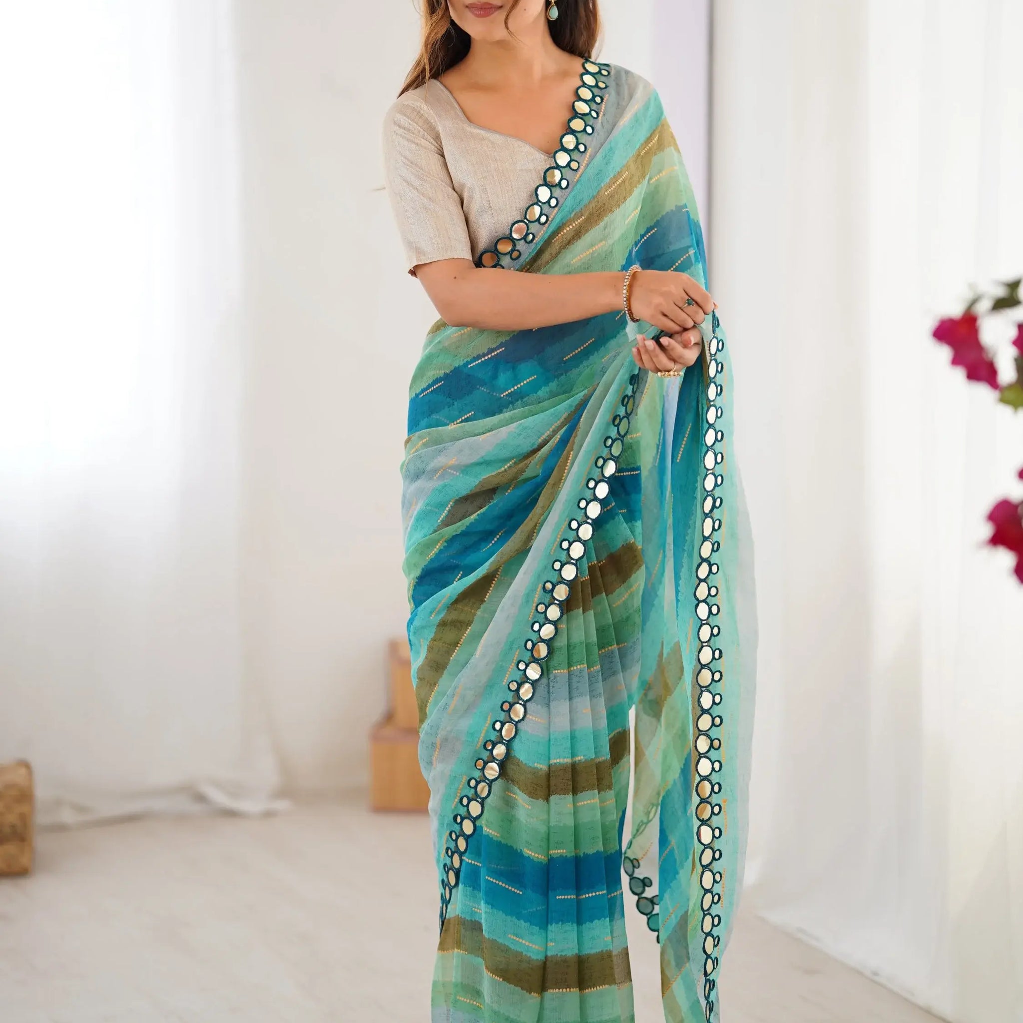 Refreshing Teal Blue Leheriya Printed Chiffon Festive Wear Saree - Zeel Clothing