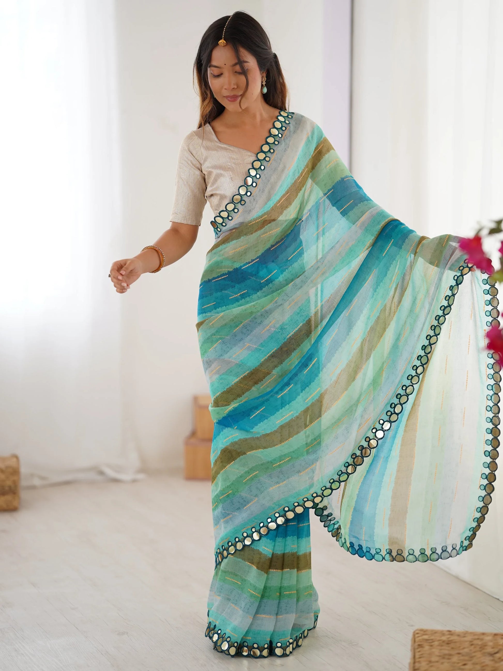 Refreshing Teal Blue Leheriya Printed Chiffon Festive Wear Saree - Zeel Clothing