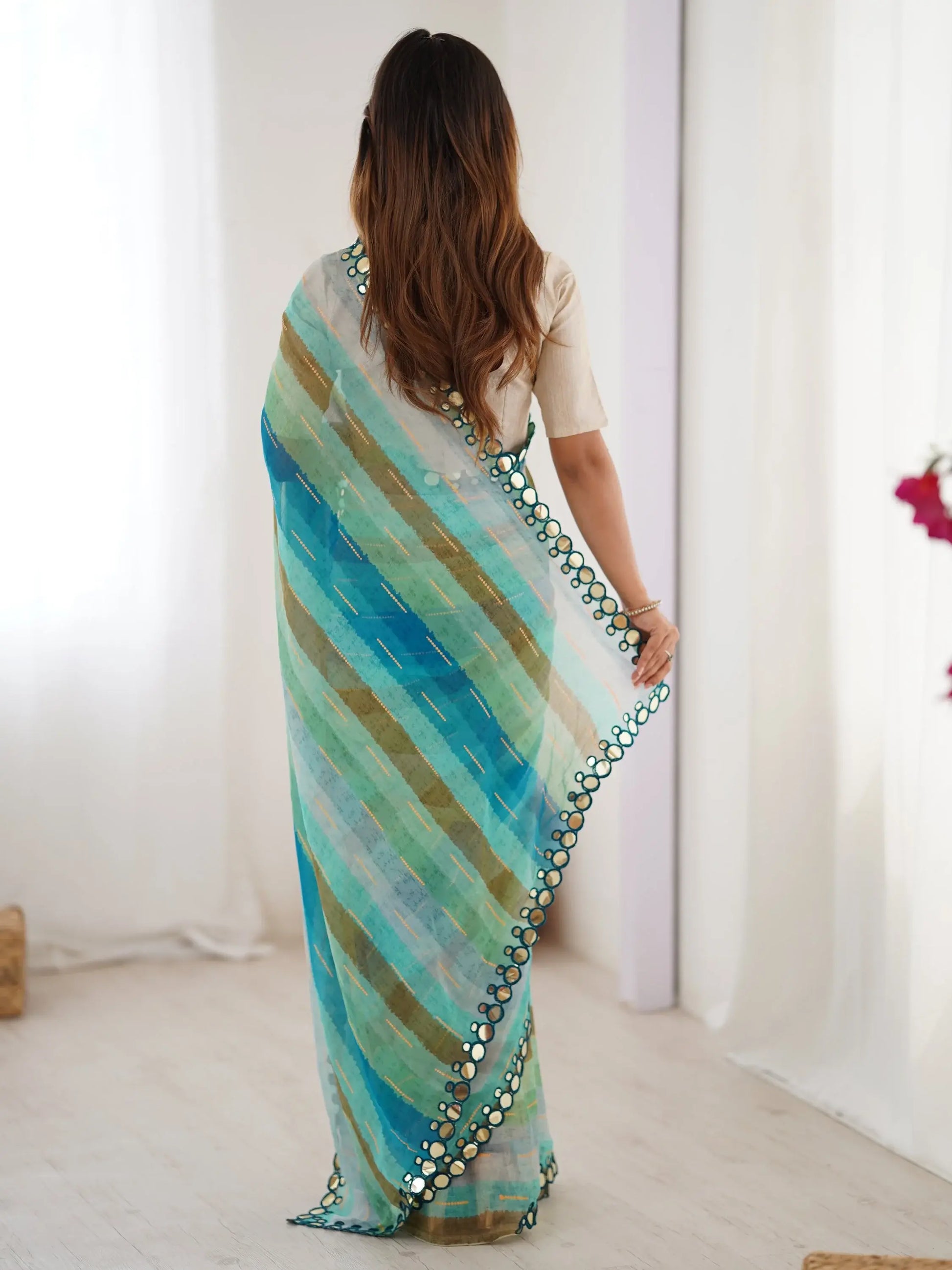 Refreshing Teal Blue Leheriya Printed Chiffon Festive Wear Saree - Zeel Clothing