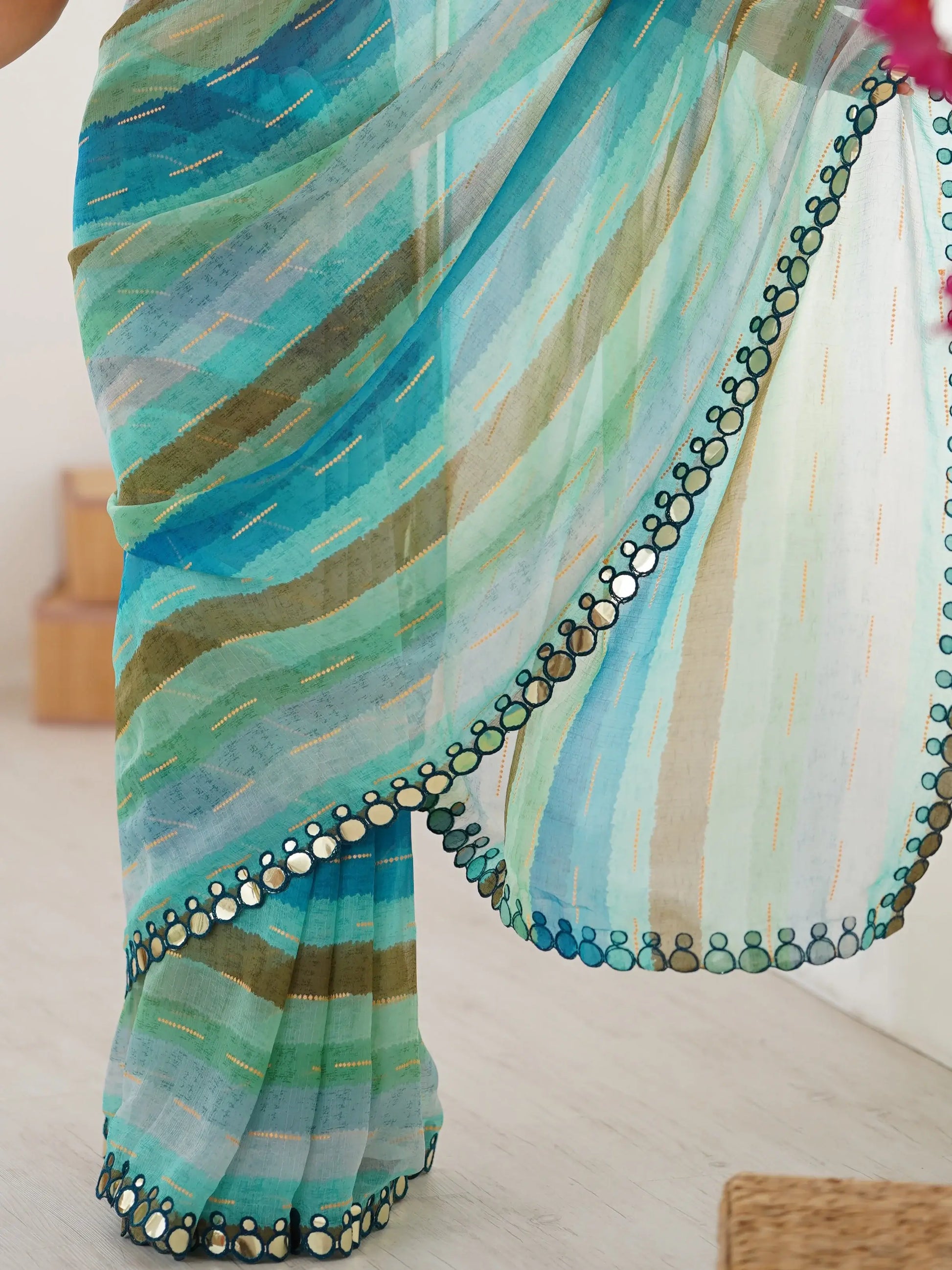 Refreshing Teal Blue Leheriya Printed Chiffon Festive Wear Saree - Zeel Clothing