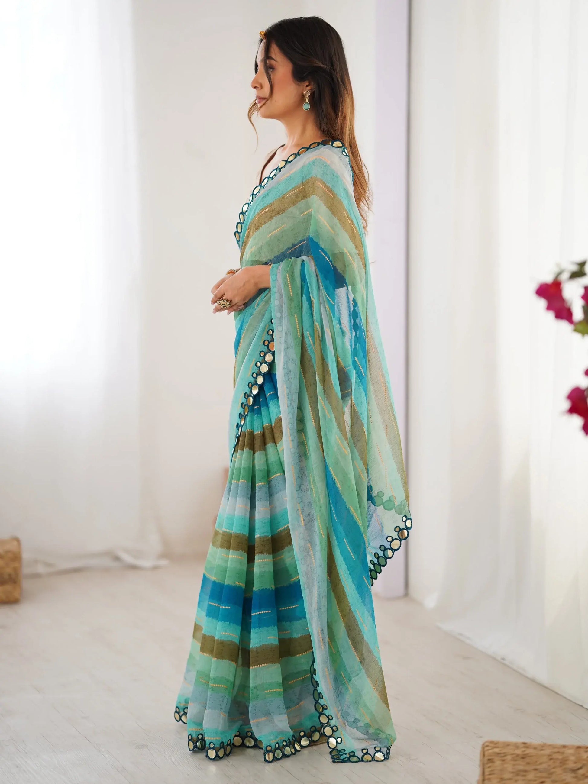 Refreshing Teal Blue Leheriya Printed Chiffon Festive Wear Saree - Zeel Clothing