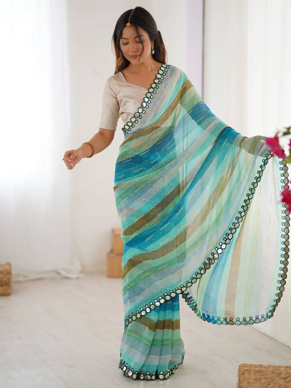 Refreshing Teal Blue Leheriya Printed Chiffon Festive Wear Saree - Zeel Clothing