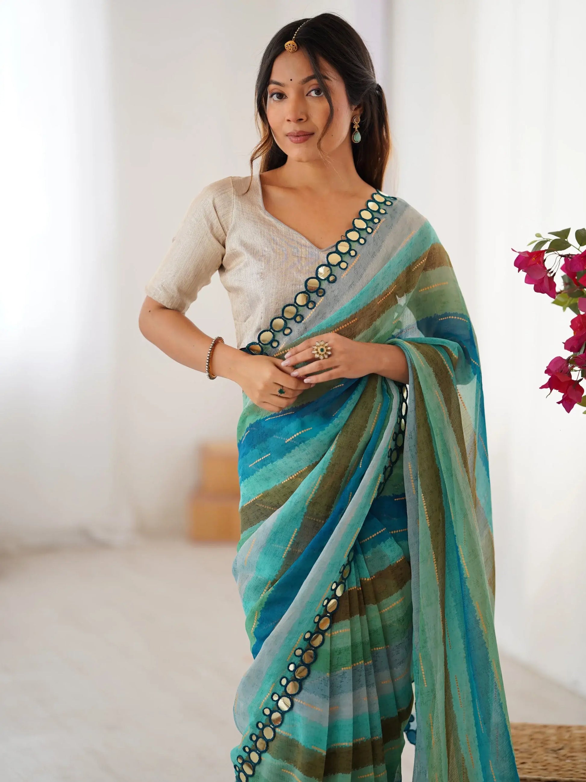 Refreshing Teal Blue Leheriya Printed Chiffon Festive Wear Saree - Zeel Clothing