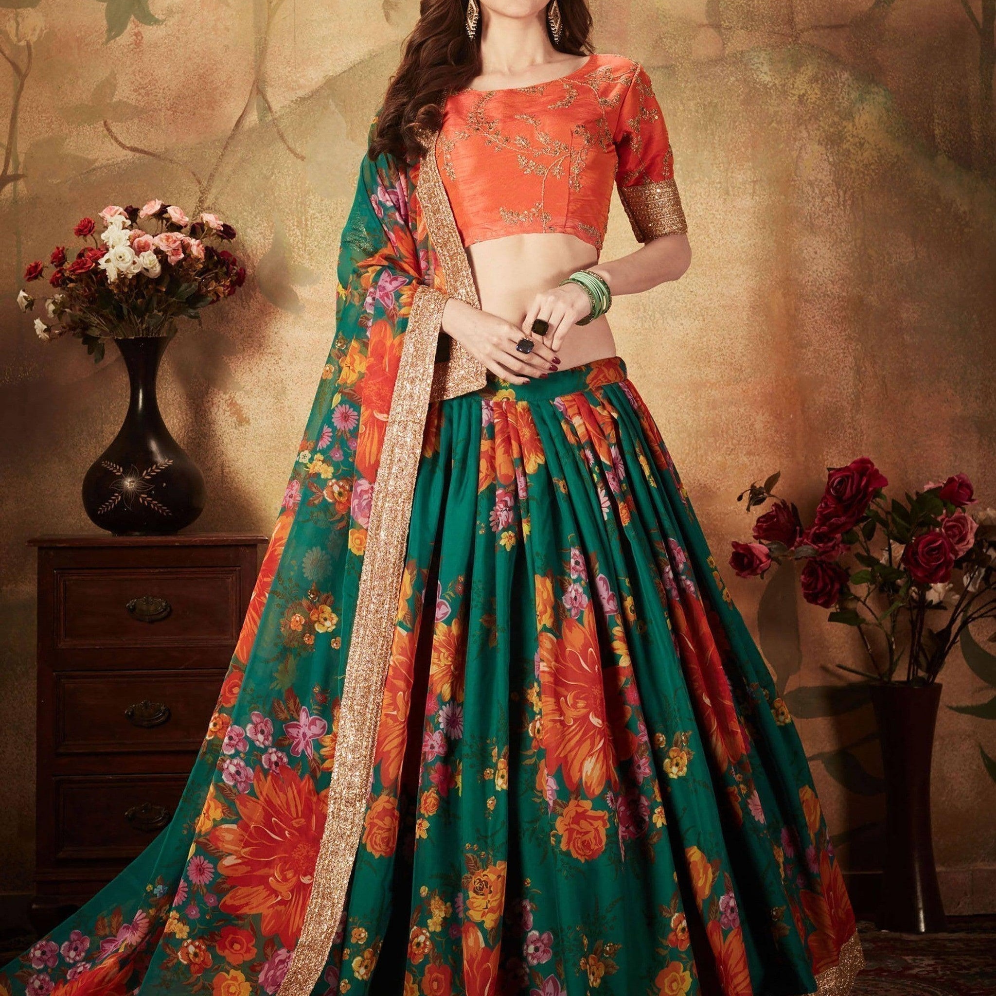 Refreshing Dark Green Floral Print Organza Silk Wedding Lehenga Choli With Orange Blouse