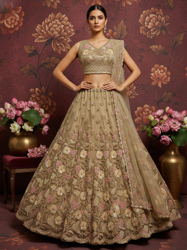 Regal Beige Floral Embroidered Net Sangeet Wear Lehenga With Blouse