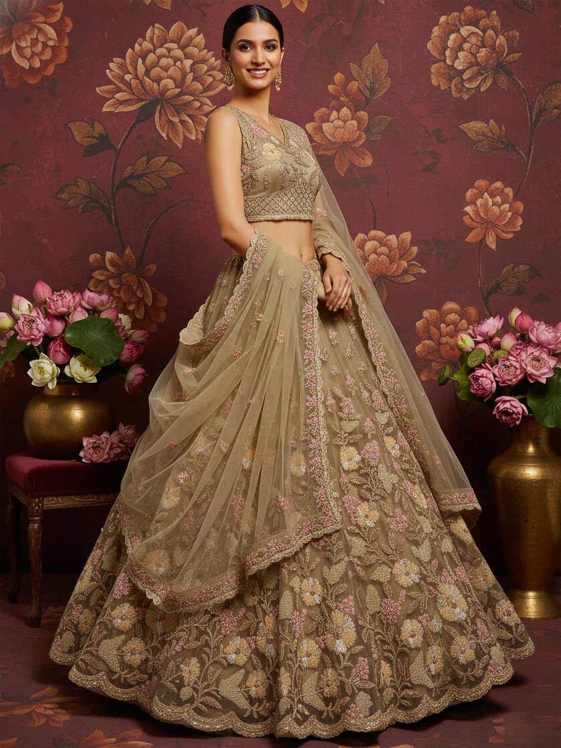 Regal Beige Floral Embroidered Net Sangeet Wear Lehenga With Blouse