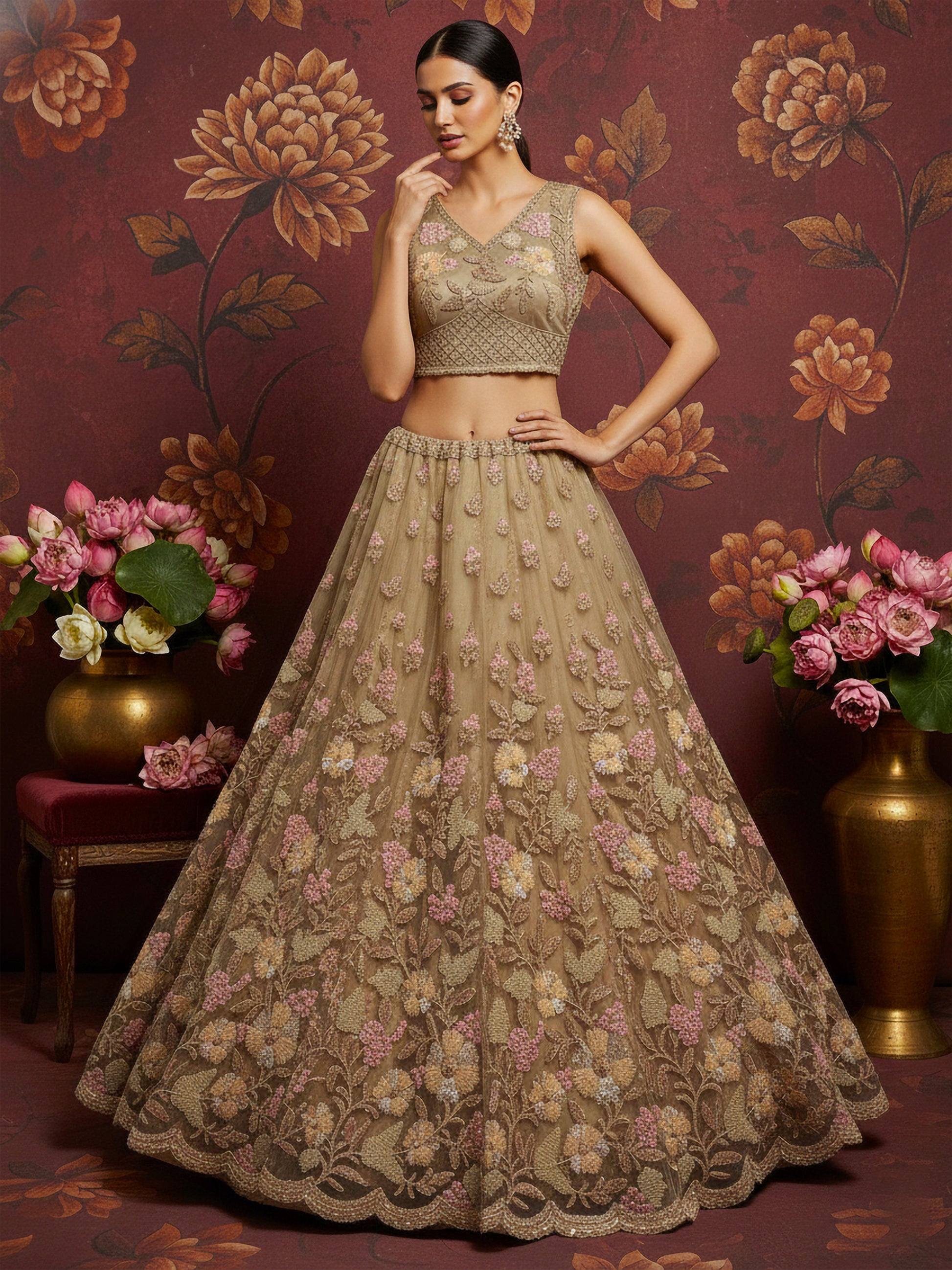 Regal Beige Floral Embroidered Net Sangeet Wear Lehenga With Blouse