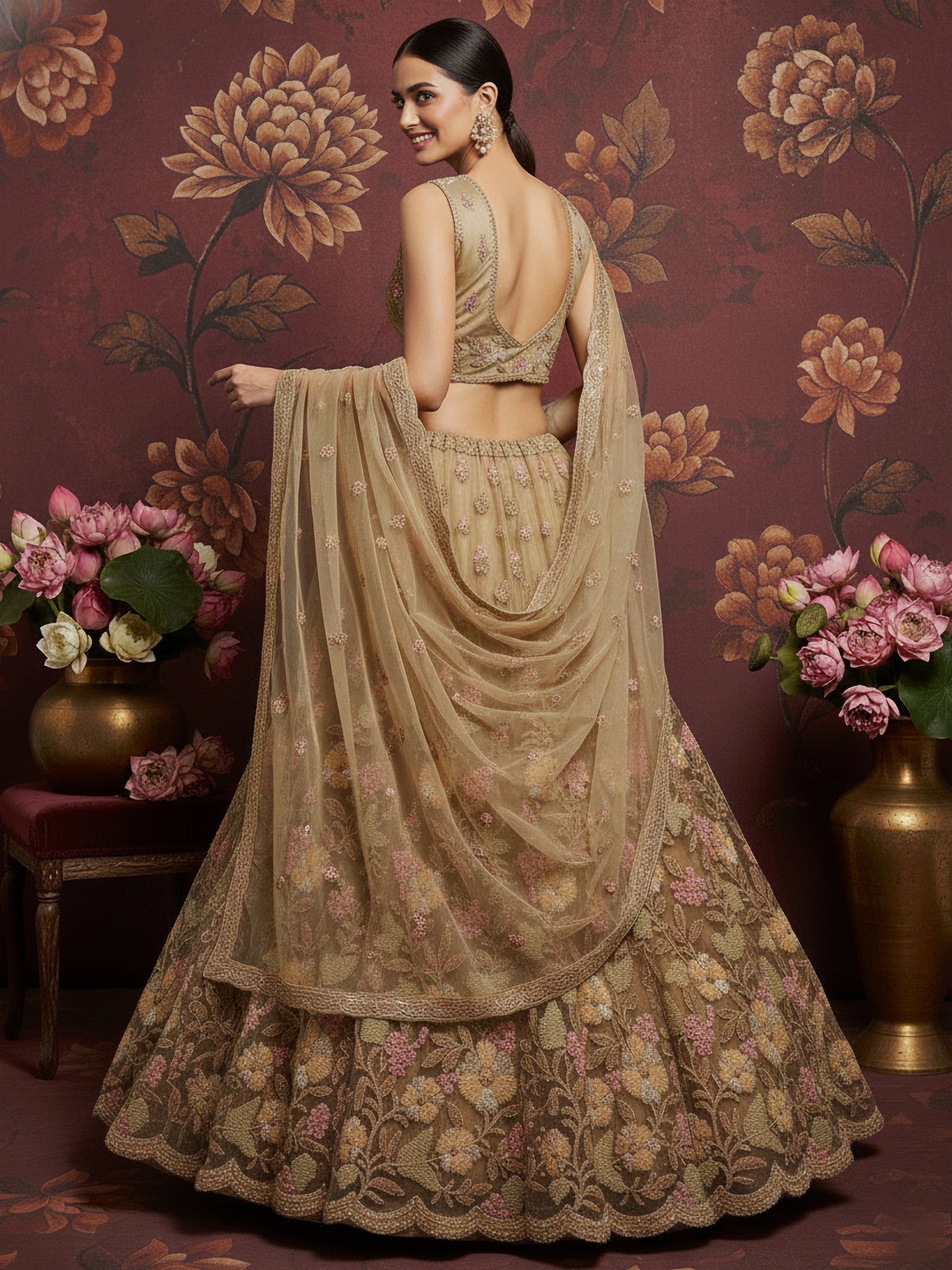 Regal Beige Floral Embroidered Net Sangeet Wear Lehenga With Blouse