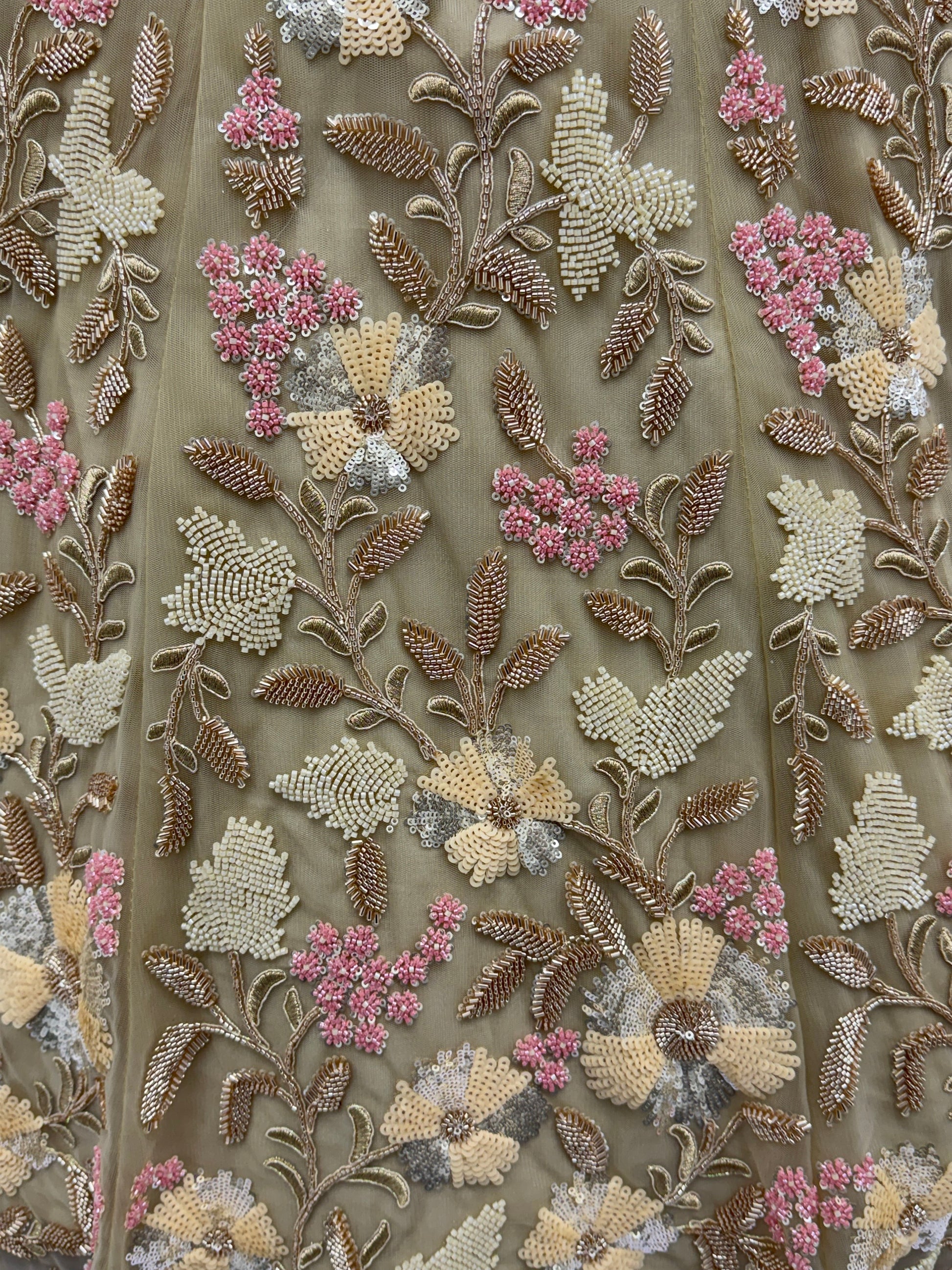 Regal Beige Floral Embroidered Net Sangeet Wear Lehenga With Blouse