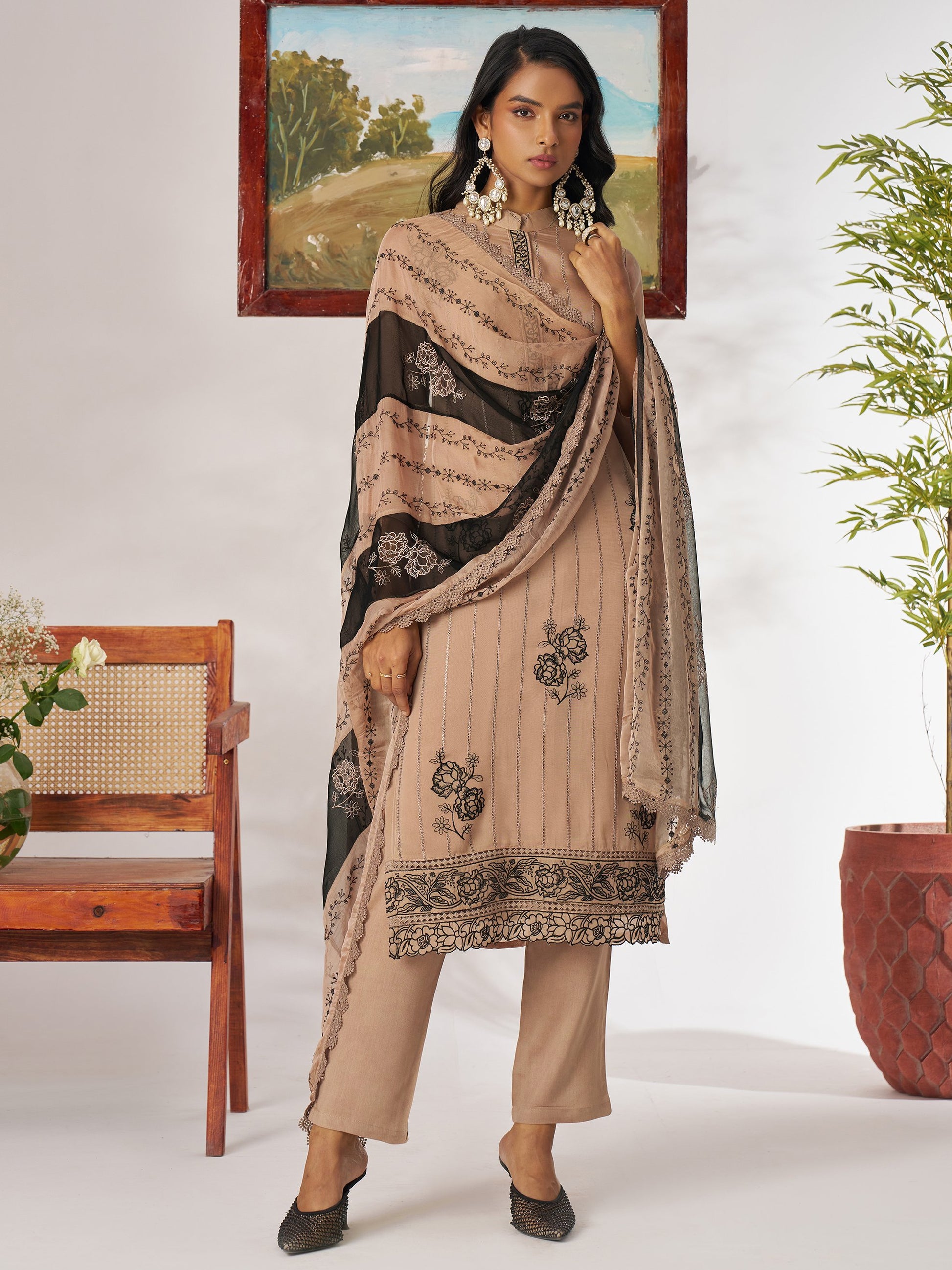 Regal Beige Thread Embroidery Organza Festive Wear Pant Suit With Dupatta