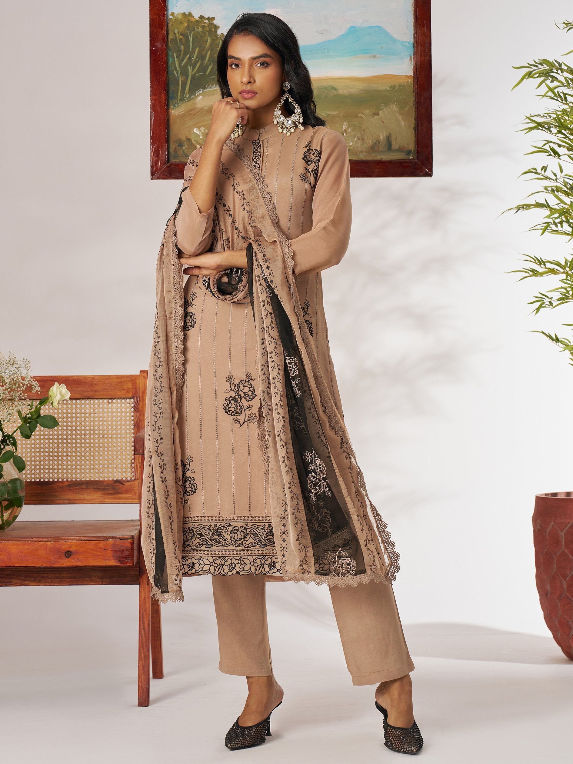 Regal Beige Thread Embroidery Organza Festive Wear Pant Suit With Dupatta