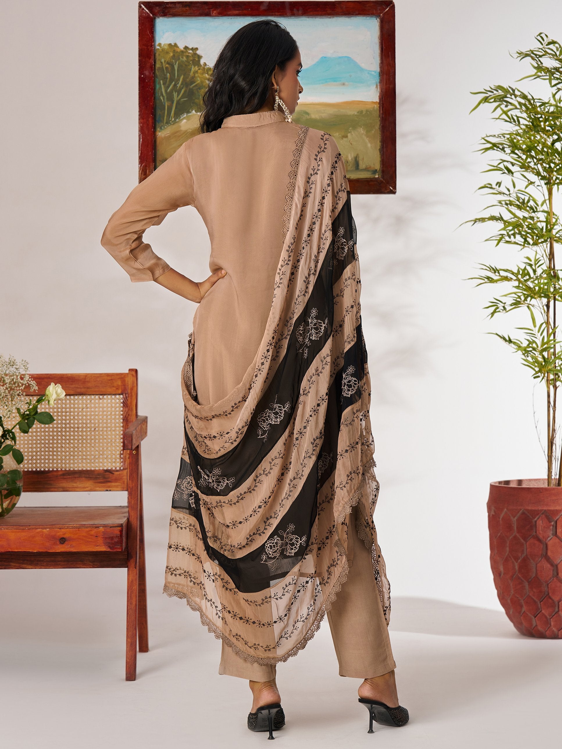 Regal Beige Thread Embroidery Organza Festive Wear Pant Suit With Dupatta