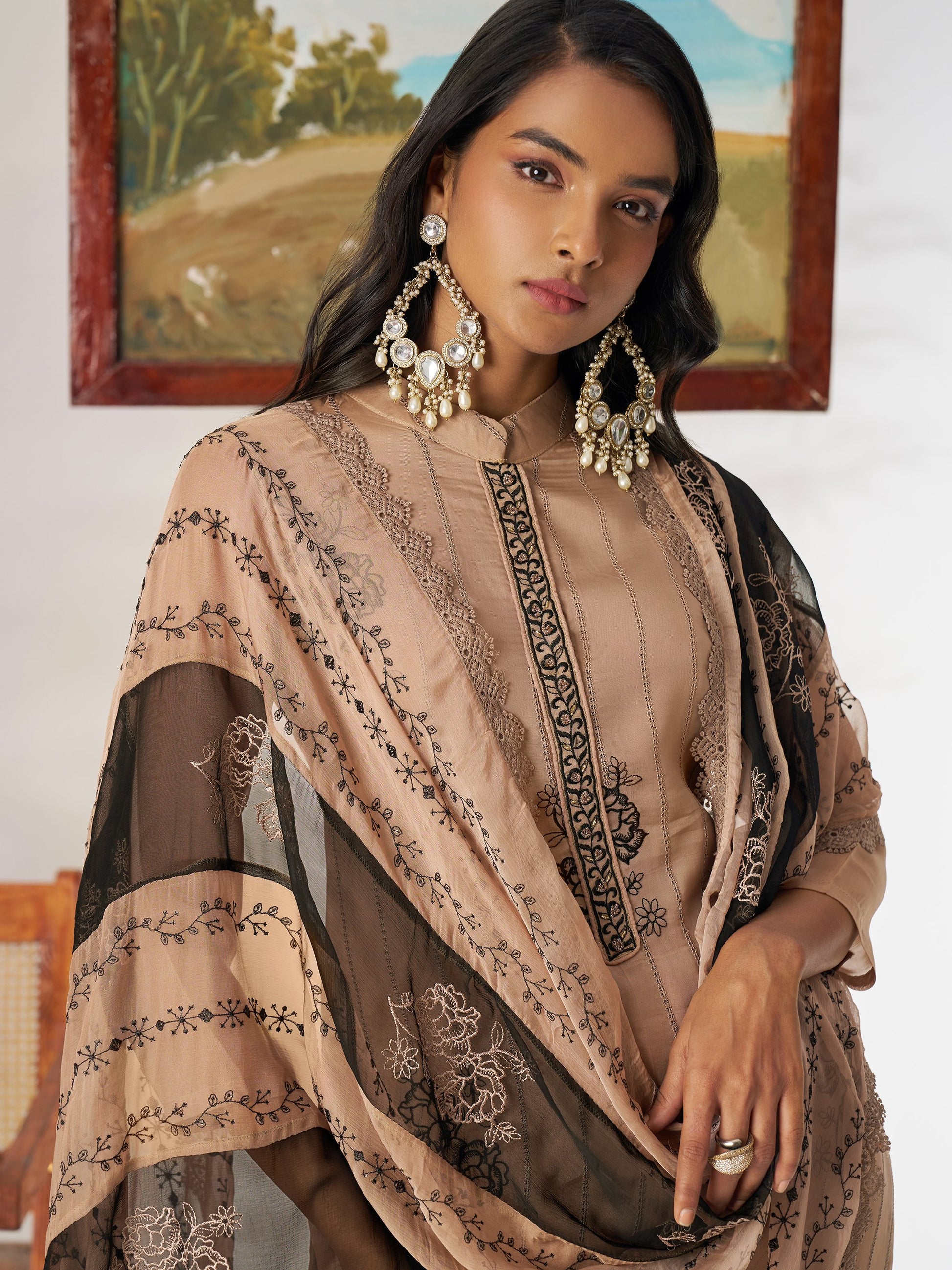 Regal Beige Thread Embroidery Organza Festive Wear Pant Suit With Dupatta