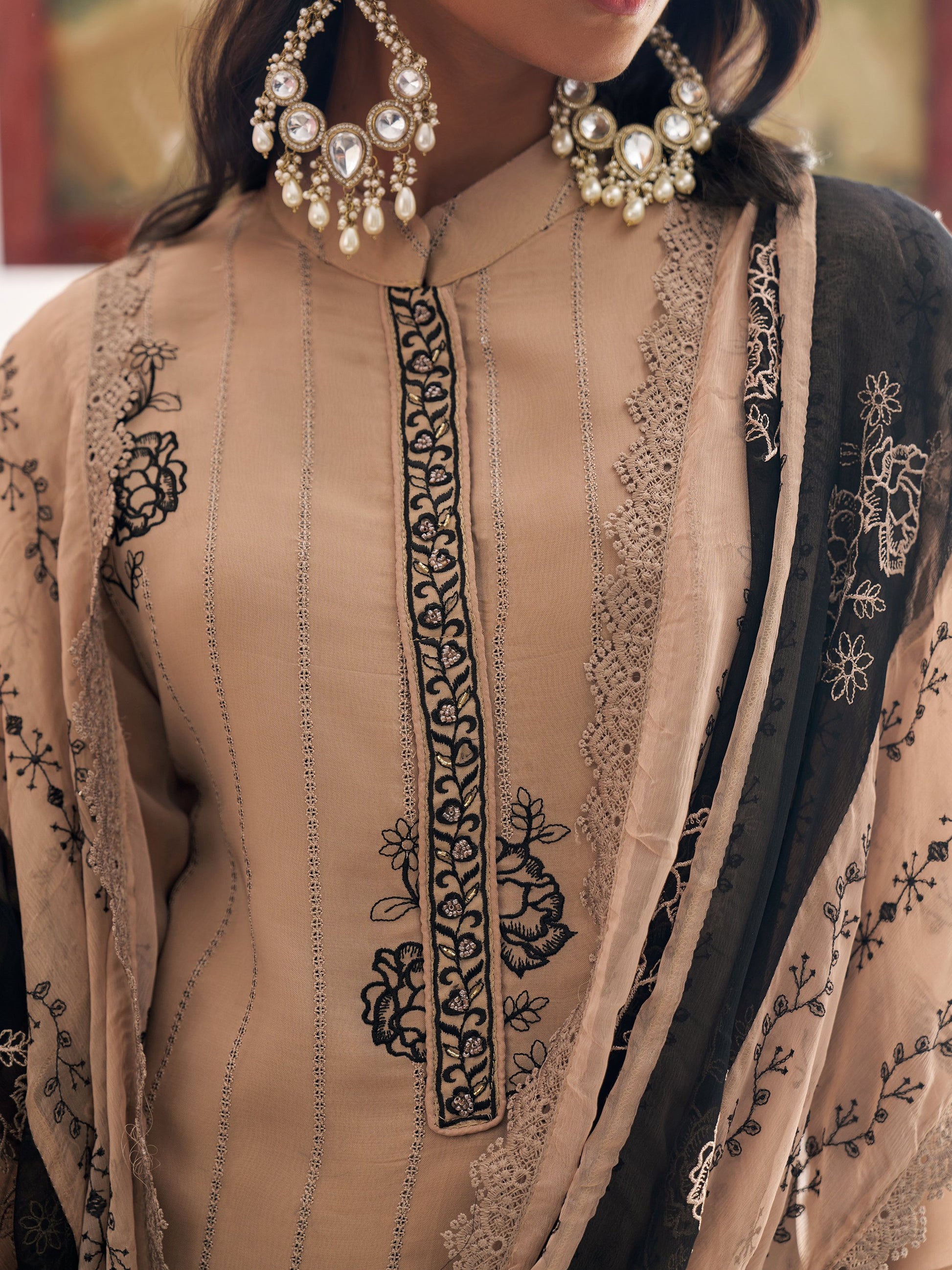 Regal Beige Thread Embroidery Organza Festive Wear Pant Suit With Dupatta