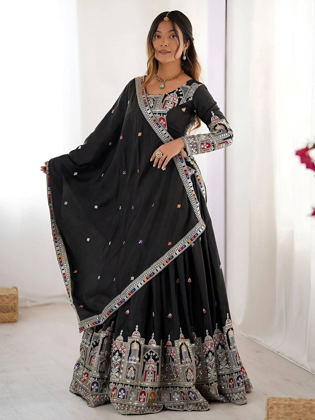Regal Black Embroidered Crepe Silk Traditional Lehenga Choli With Dupatta