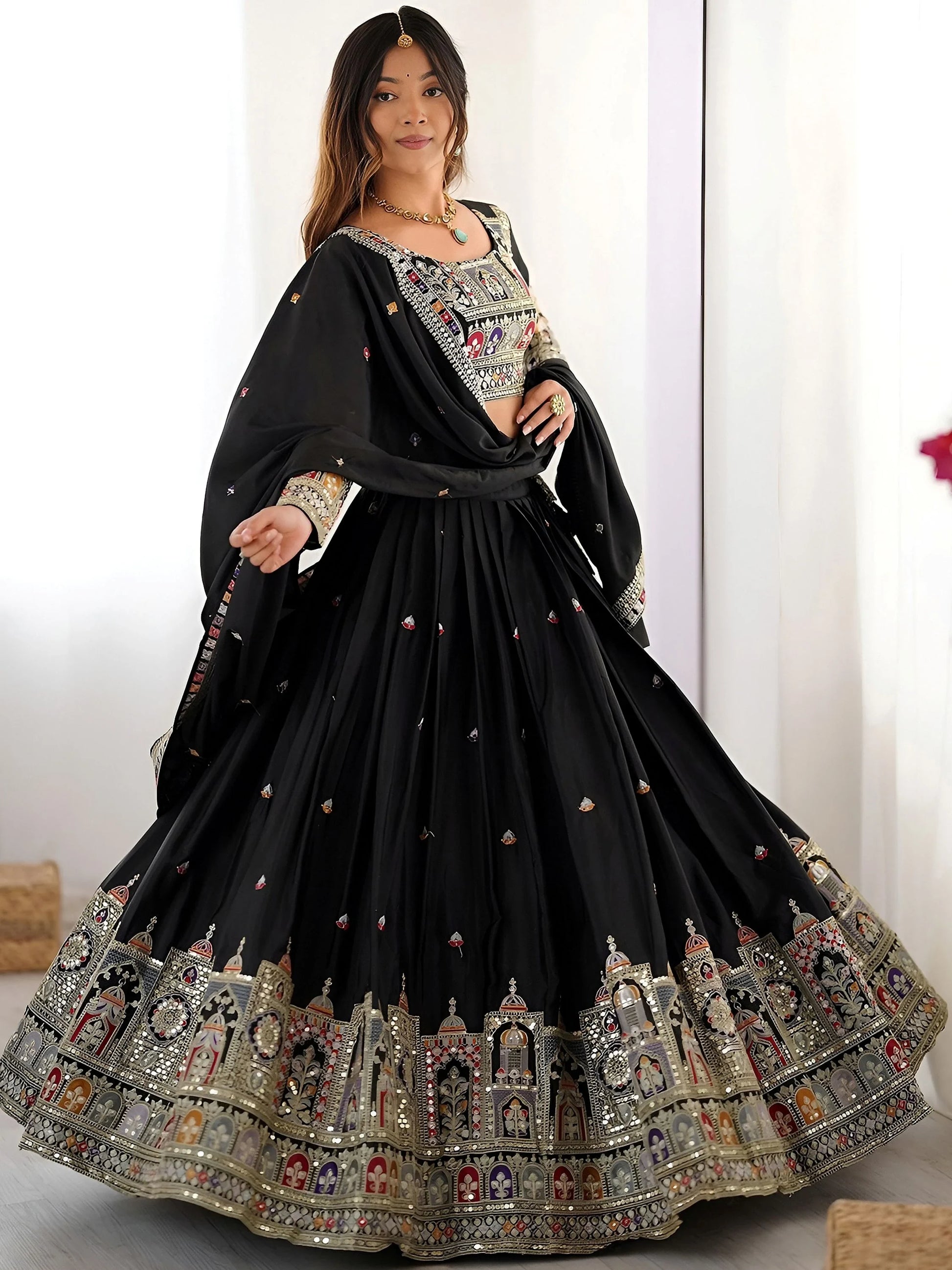 Regal Black Embroidered Crepe Silk Traditional Lehenga Choli With Dupatta